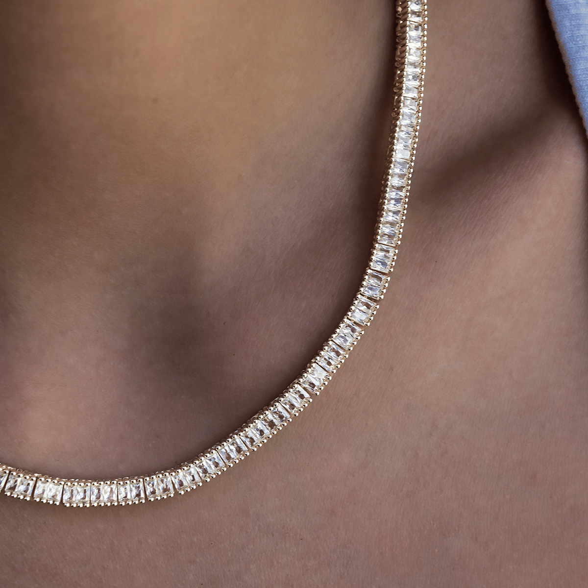 GLD PROMO - WOMEN Diamond Baguette Tennis Necklace in Yellow Gold - 3 mm