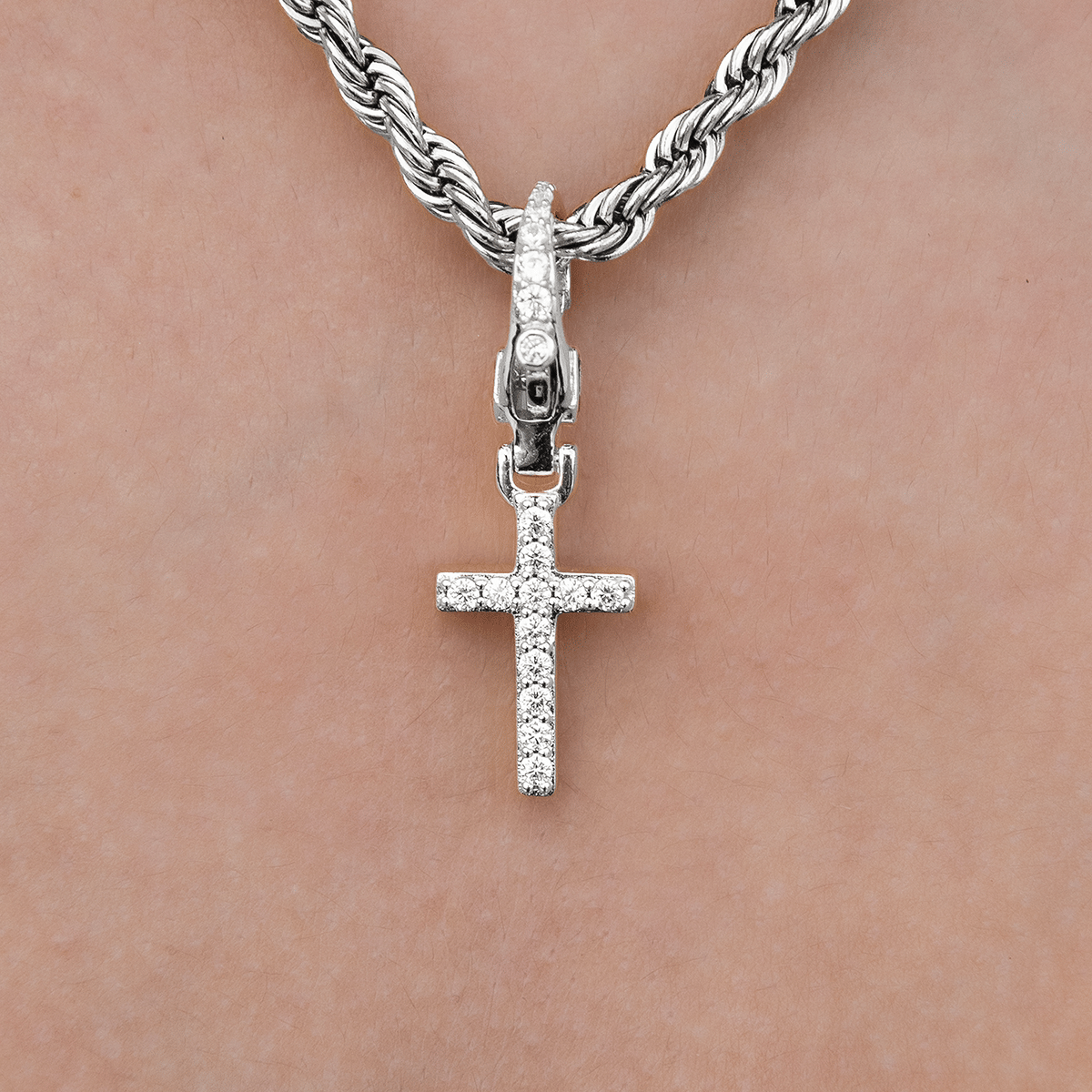 GLD PROMO - WOMEN Iced Micro Cross Clip On Charm Pendant in White Gold