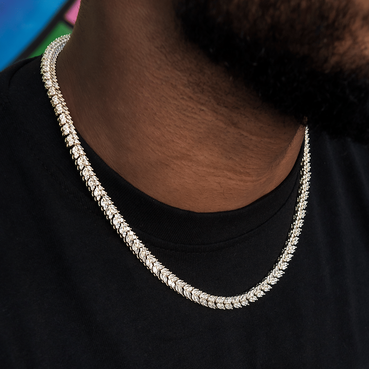 GLD PROMO Iced Herringbone Chain in Yellow Gold - 7 mm