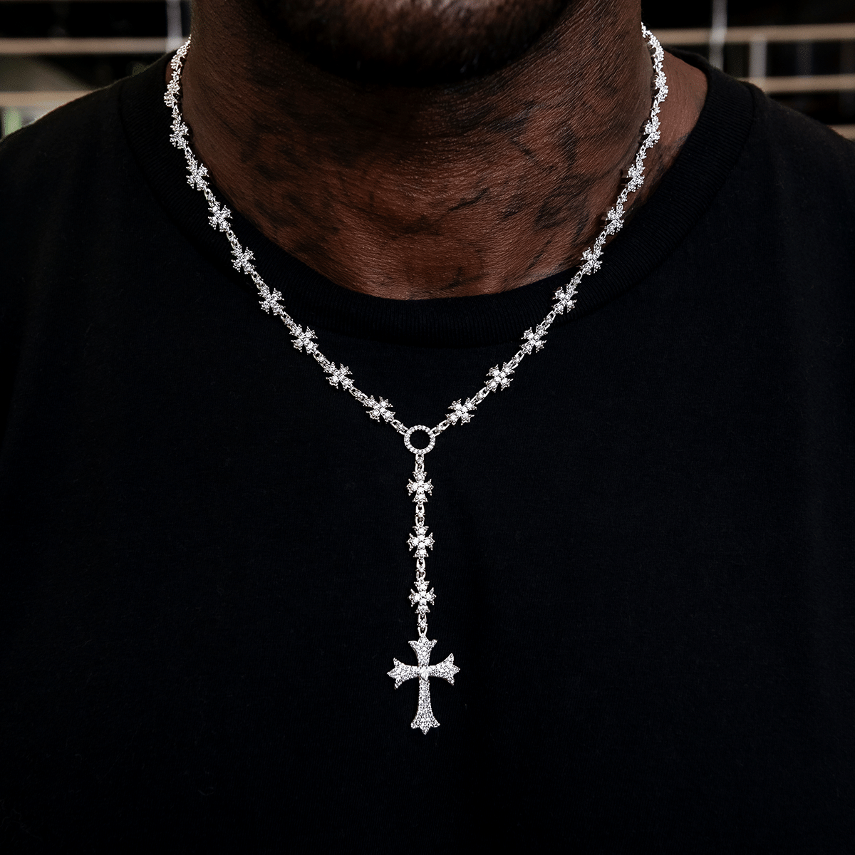 GLD Men Flared Cross Rosary Chain in White Gold - 8 mm