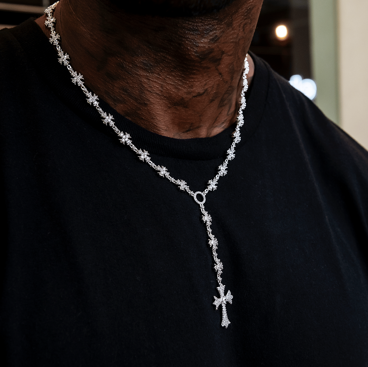 GLD Men Flared Cross Rosary Chain in White Gold - 8 mm