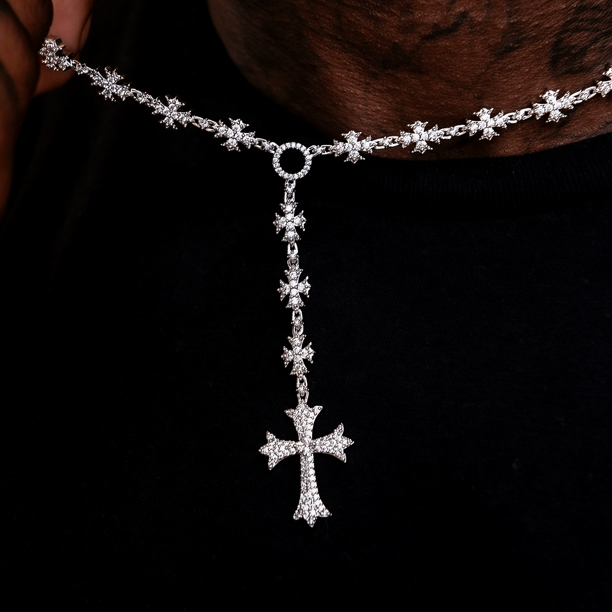 GLD Men Flared Cross Rosary Chain in White Gold - 8 mm