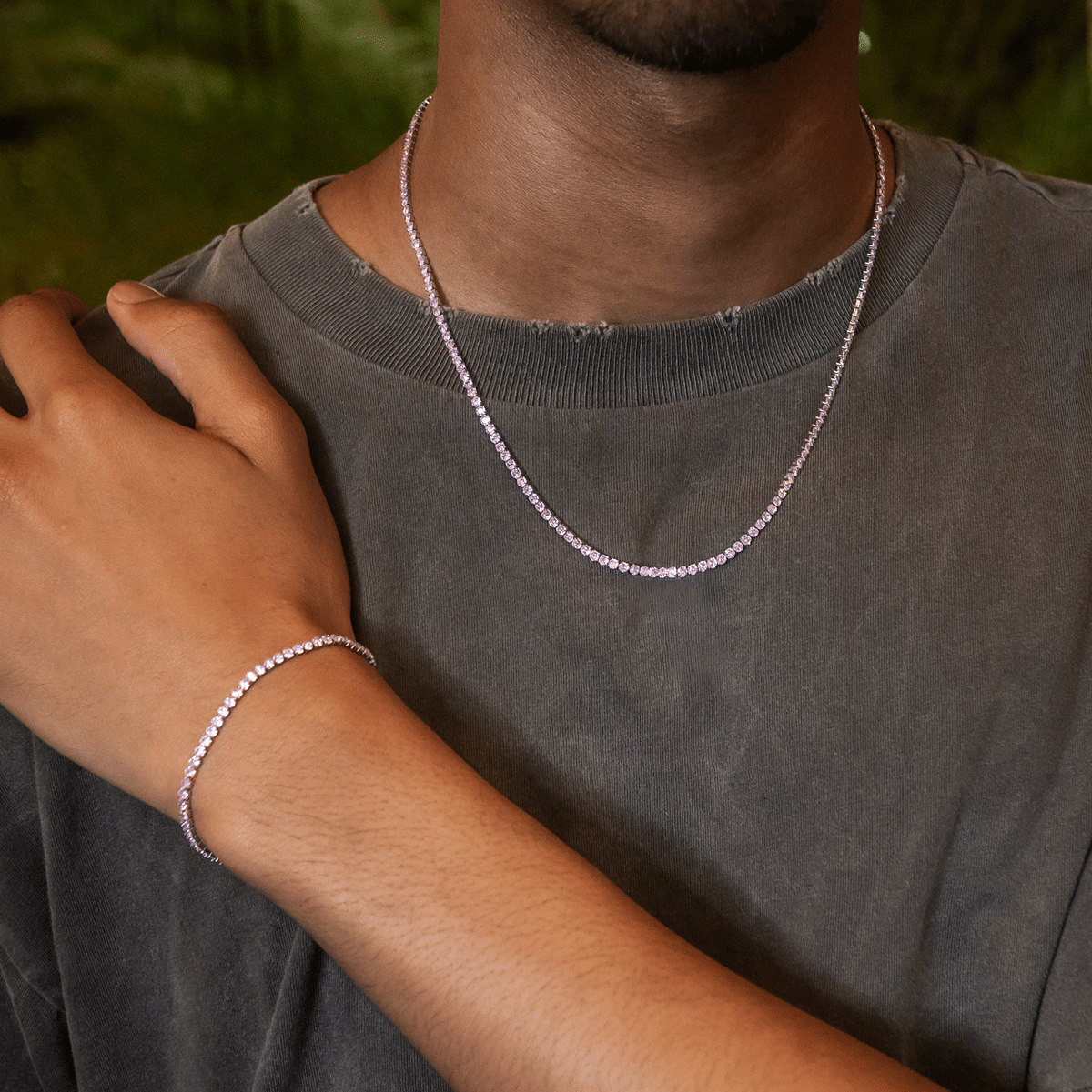 GLD Men Pink Diamond Micro Tennis Chain in White Gold