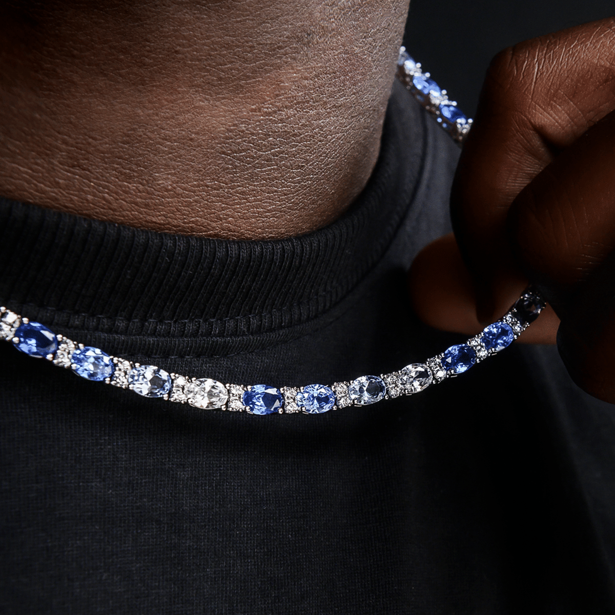 GLD Men Blue Mixed Oval Cut Tennis Chain in White Gold - 5 mm