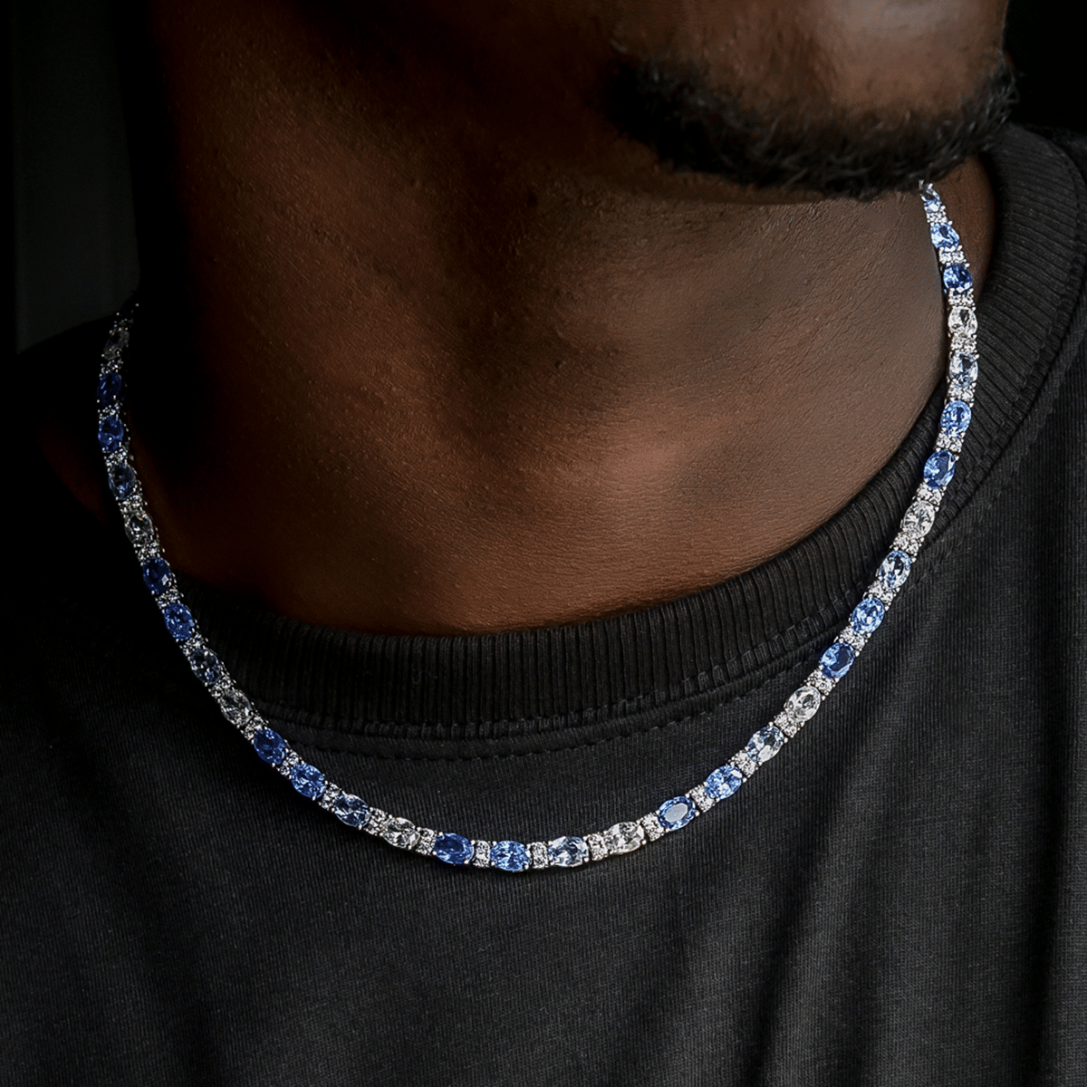 GLD Men Blue Mixed Oval Cut Tennis Chain in White Gold - 5 mm
