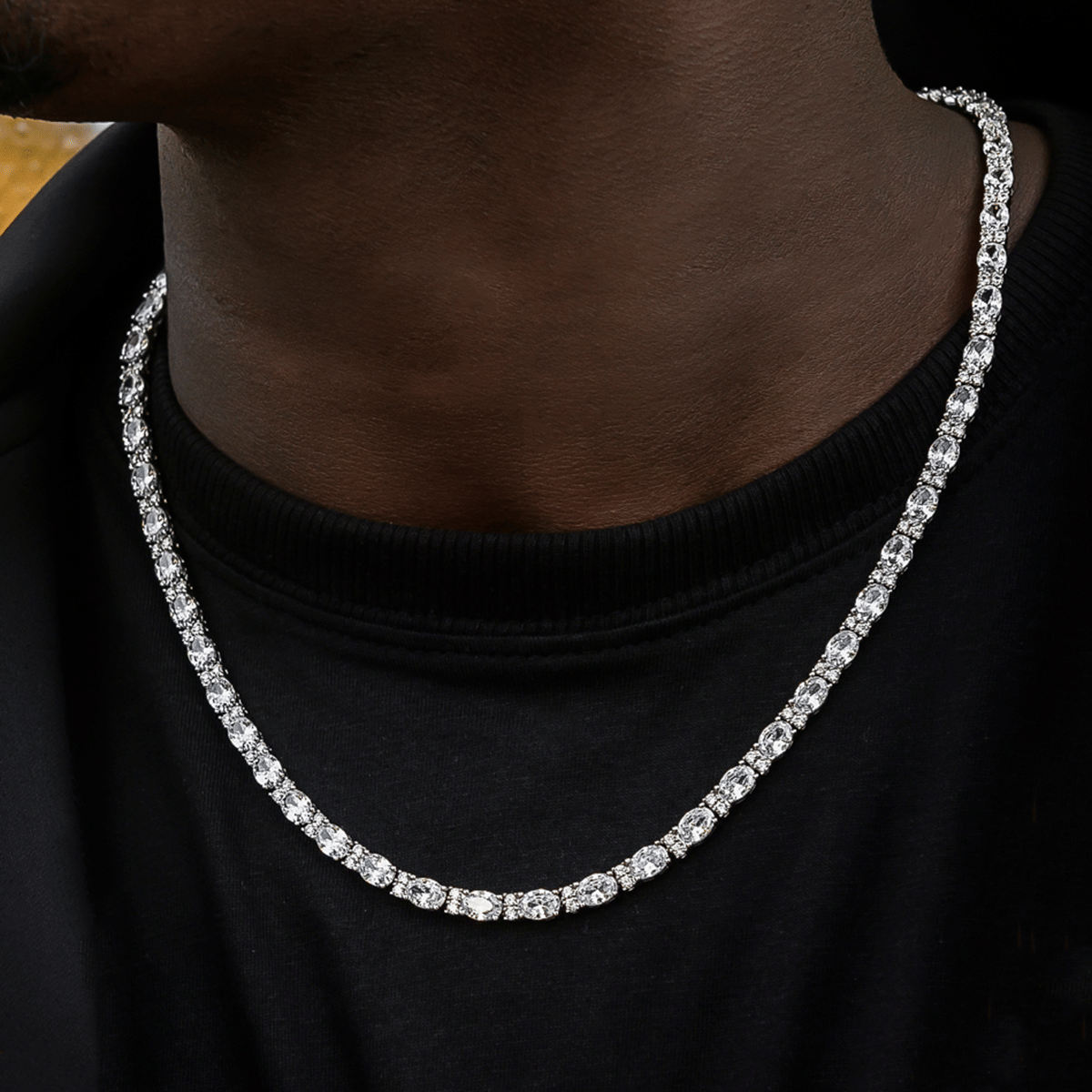 GLD Men Diamond Mixed Oval Cut Tennis Chain in White Gold - 5 mm
