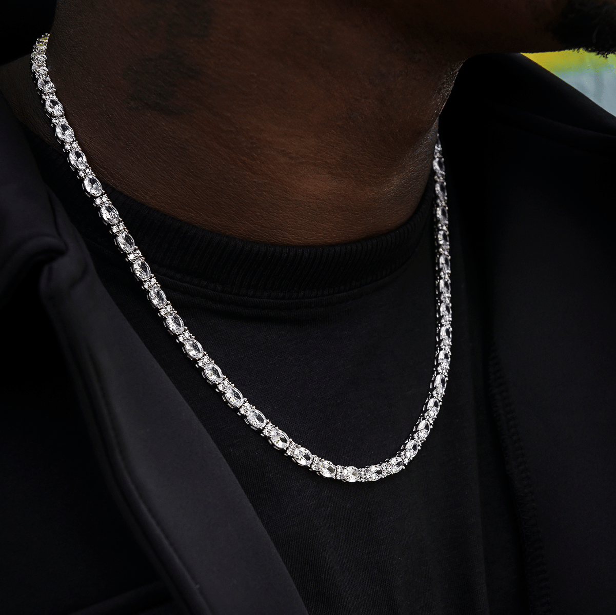 GLD Men Diamond Mixed Oval Cut Tennis Chain in White Gold - 5 mm