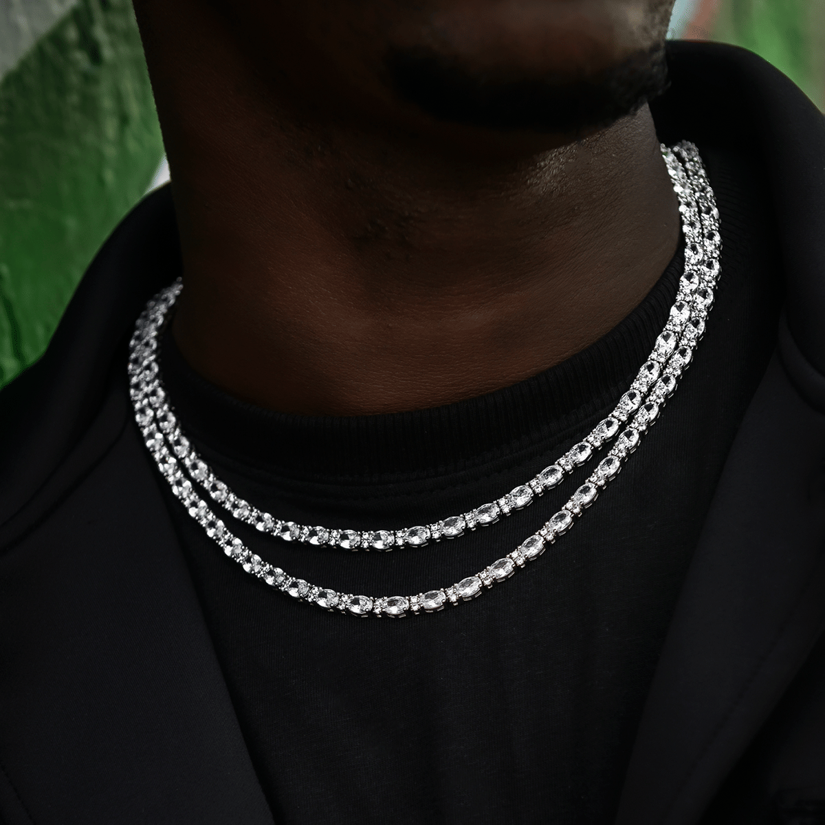 GLD Men Diamond Mixed Oval Cut Tennis Chain in White Gold - 5 mm