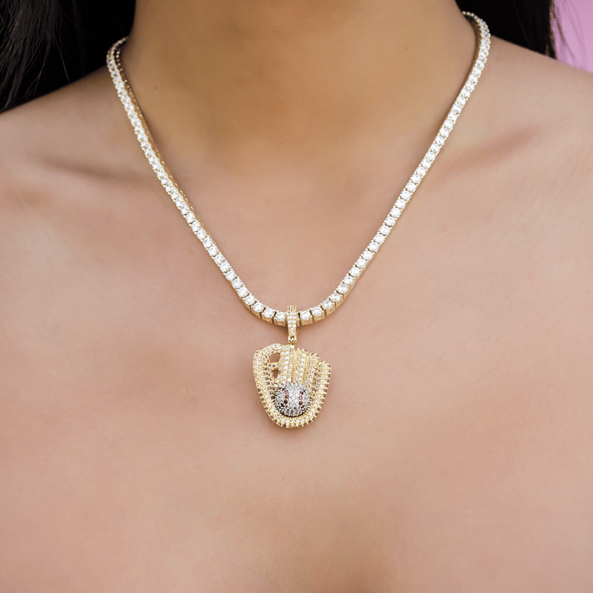 GLD Women Iced Baseball Pendant in Yellow Gold