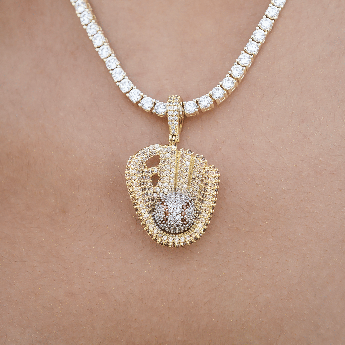 GLD Women Iced Baseball Pendant in Yellow Gold