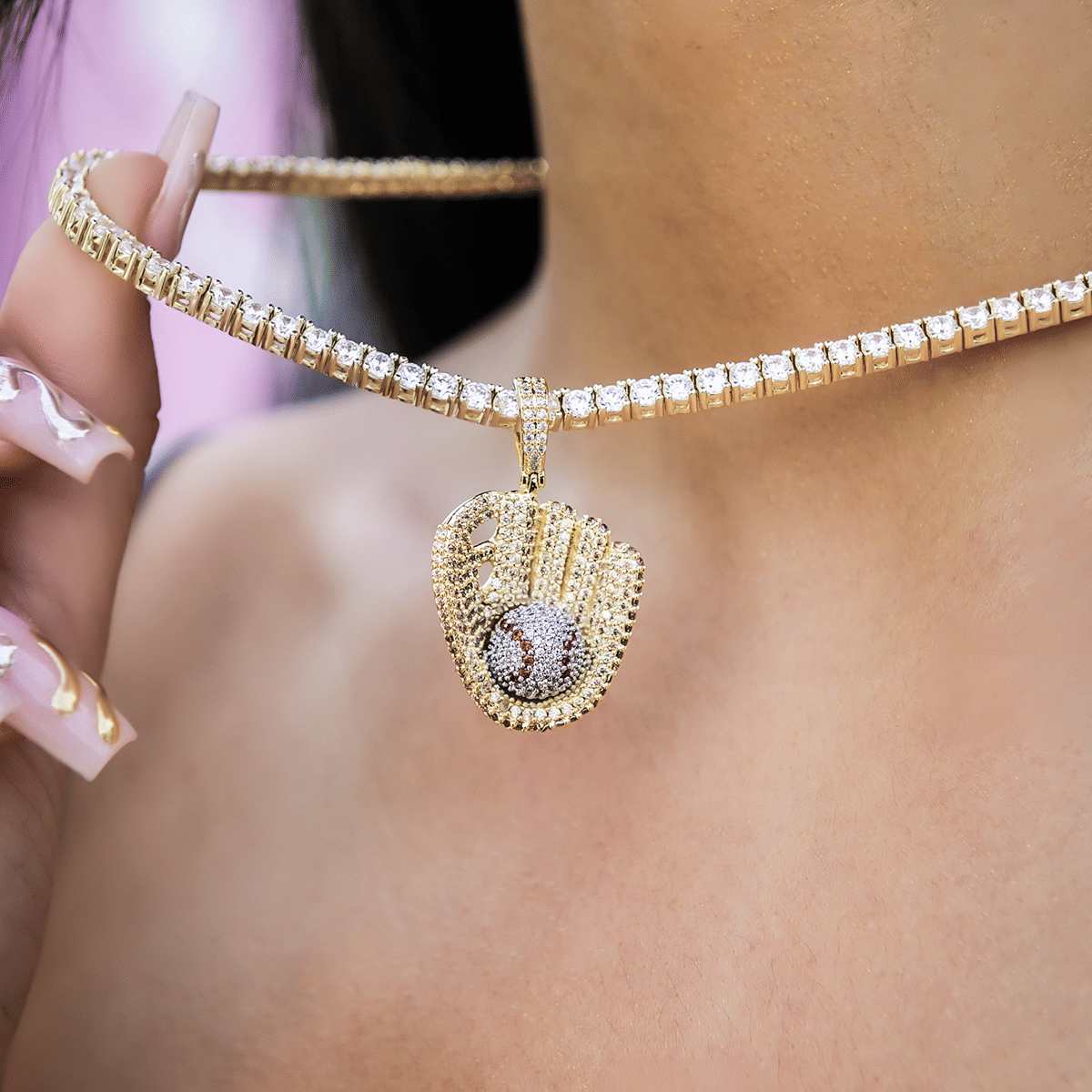 GLD Women Iced Baseball Pendant in Yellow Gold