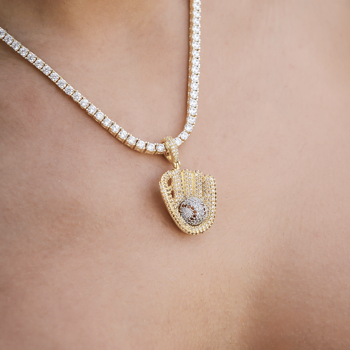 GLD Women Iced Baseball Pendant in Yellow Gold