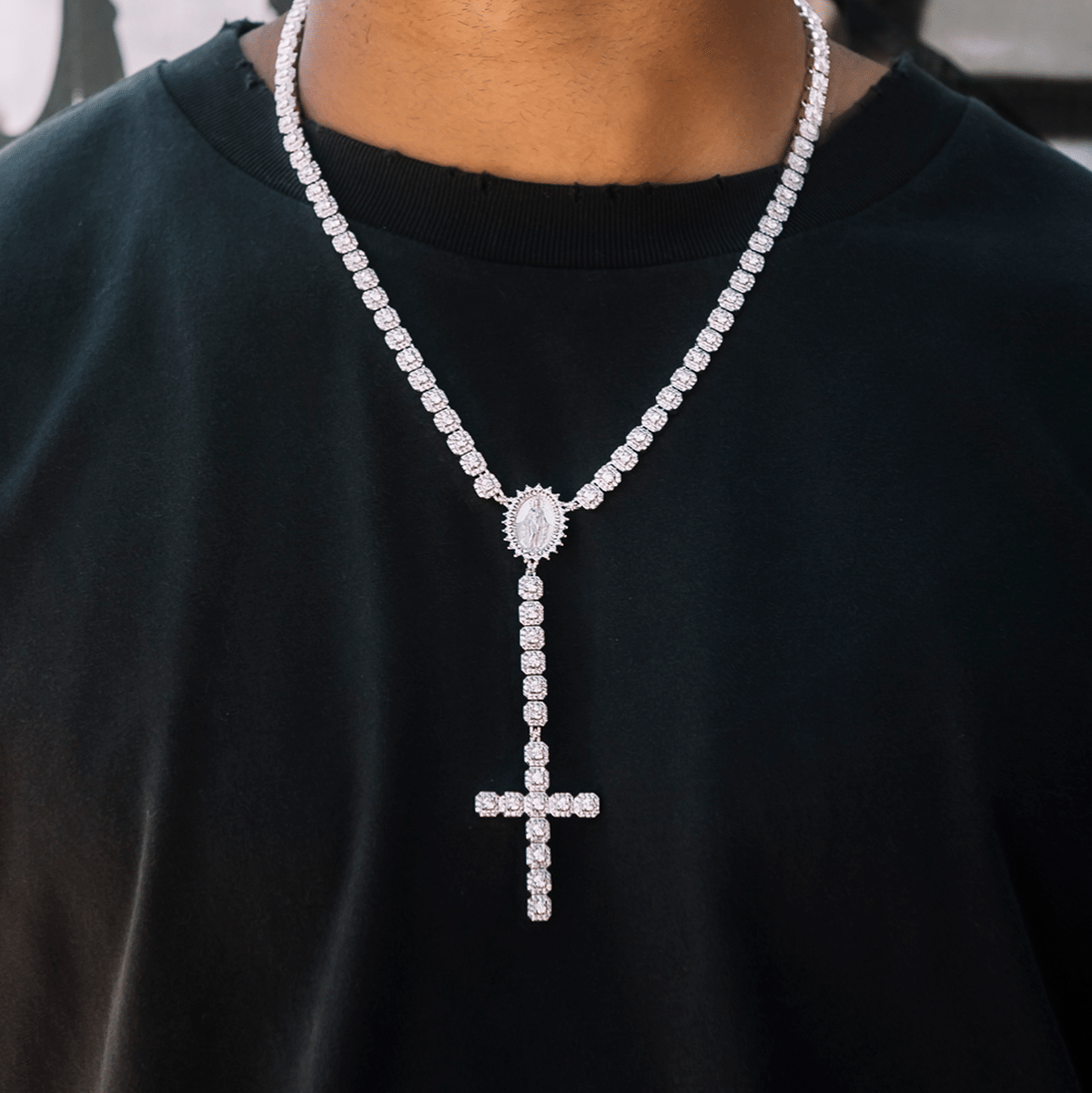 GLD Men Micro Clustered Rosary Chain in White Gold - 6 mm