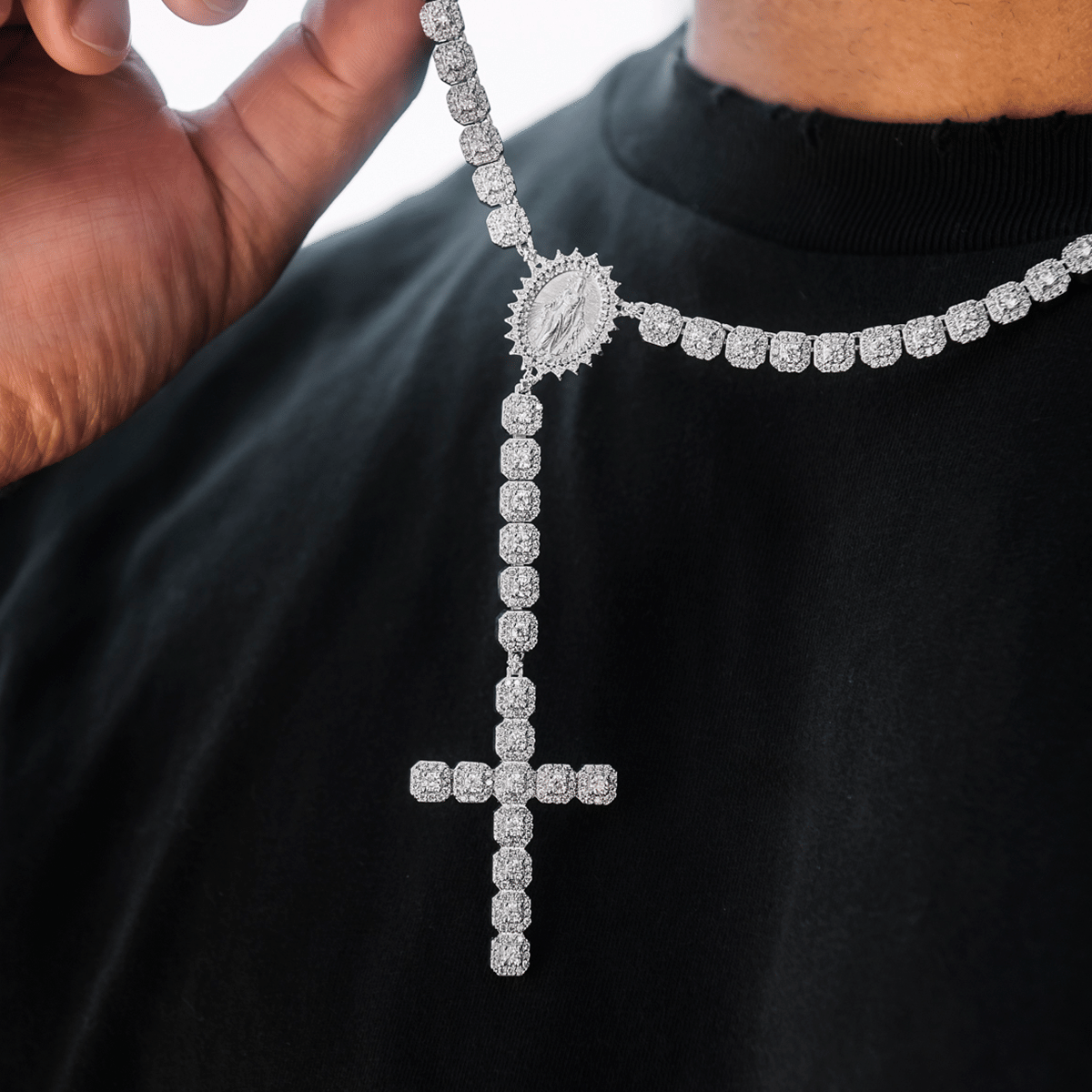 GLD Men Micro Clustered Rosary Chain in White Gold - 6 mm