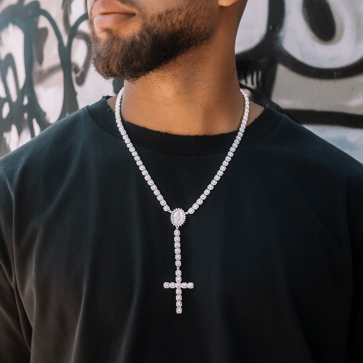 GLD Men Micro Clustered Rosary Chain in White Gold - 6 mm