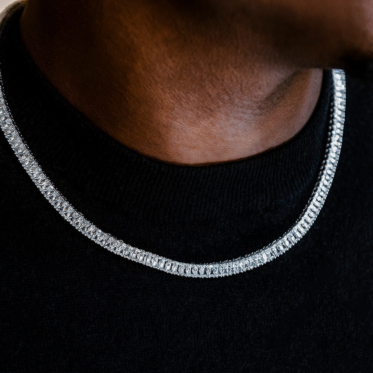 GLD Men Diamond Baguette Tennis Chain in White Gold - 6 mm