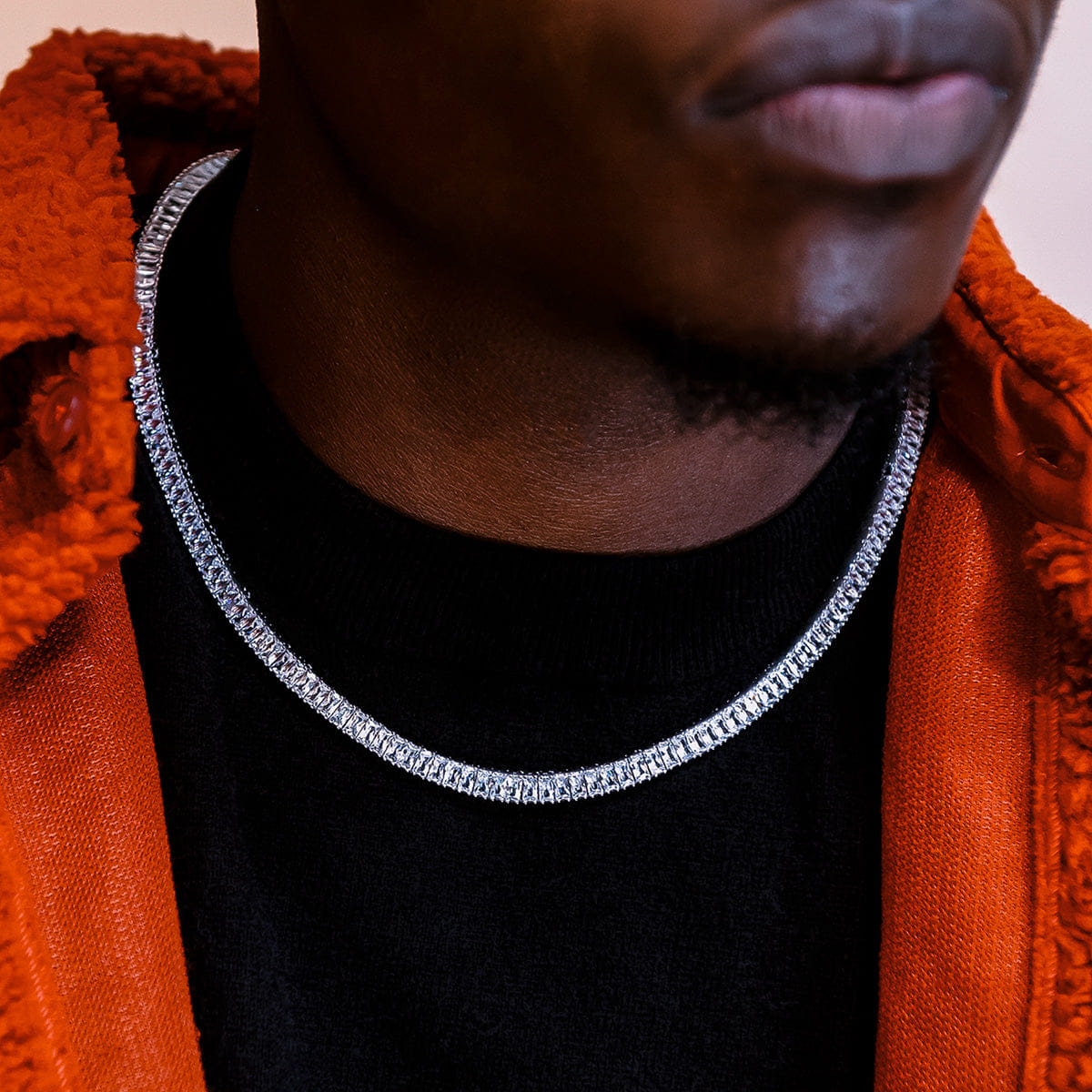 GLD Men Diamond Baguette Tennis Chain in White Gold - 6 mm