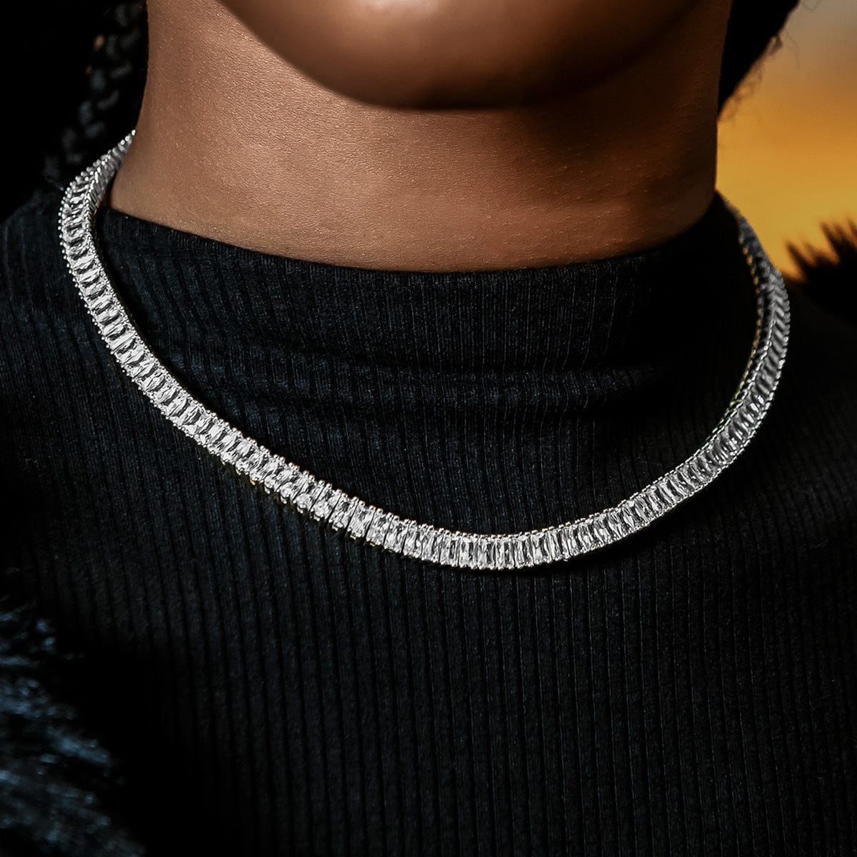 GLD Women Diamond Baguette Tennis Necklace in White Gold - 6 mm