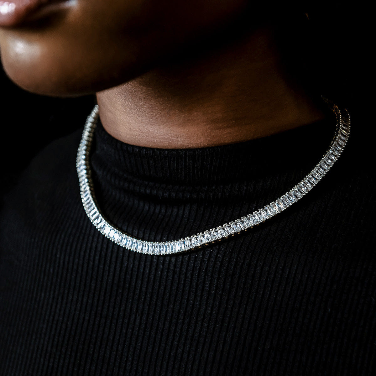 GLD Women Diamond Baguette Tennis Necklace in White Gold - 6 mm