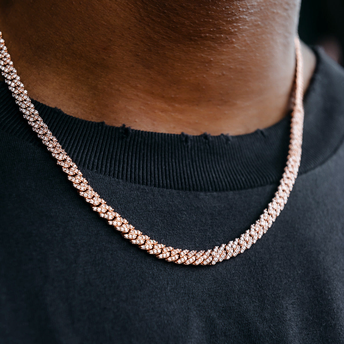 GLD Men Micro Diamond Prong Cuban Chain in Rose Gold - 6 mm