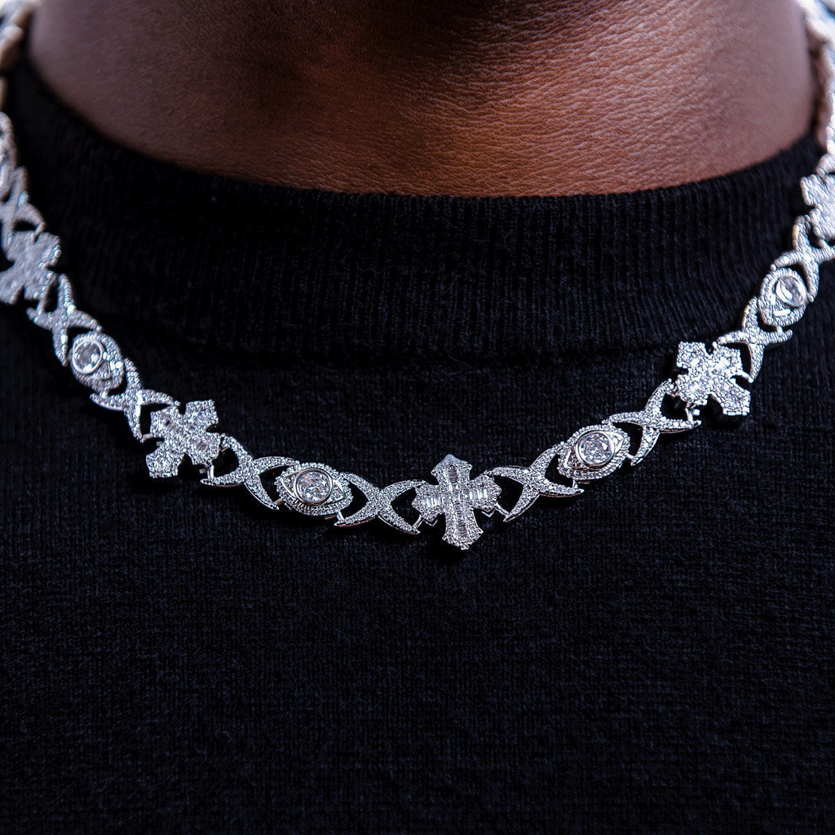 GLD Men Baguette Cross Evil Eye Chain in White Gold - 16 mm