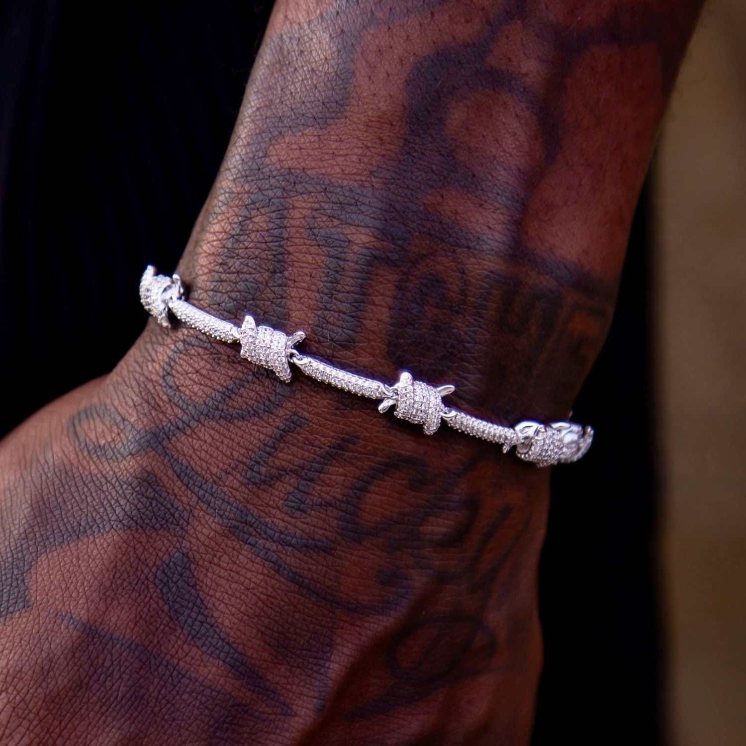 GLD Men Iced Barbed Wire Bracelet in White Gold