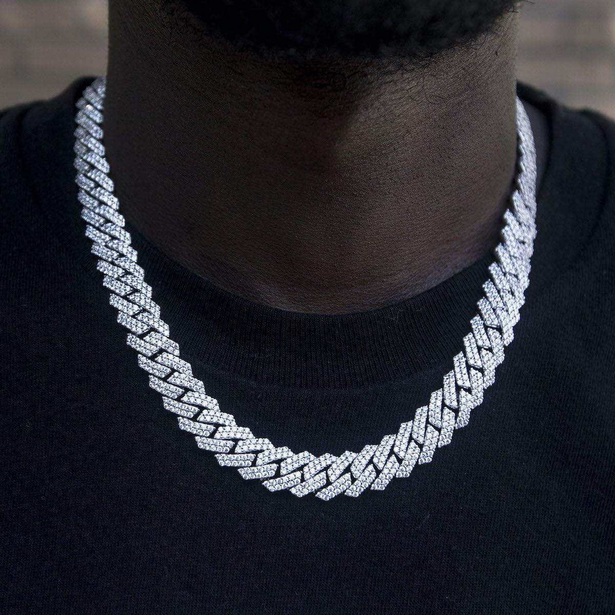 GLD Men Diamond Prong Link Chain in White Gold - 12 mm