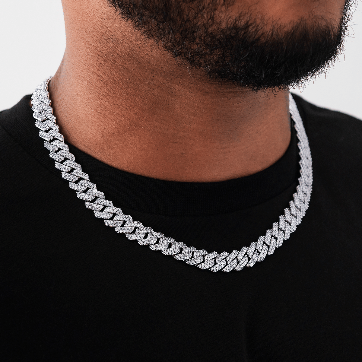 GLD Men Diamond Prong Link Chain in White Gold - 12 mm