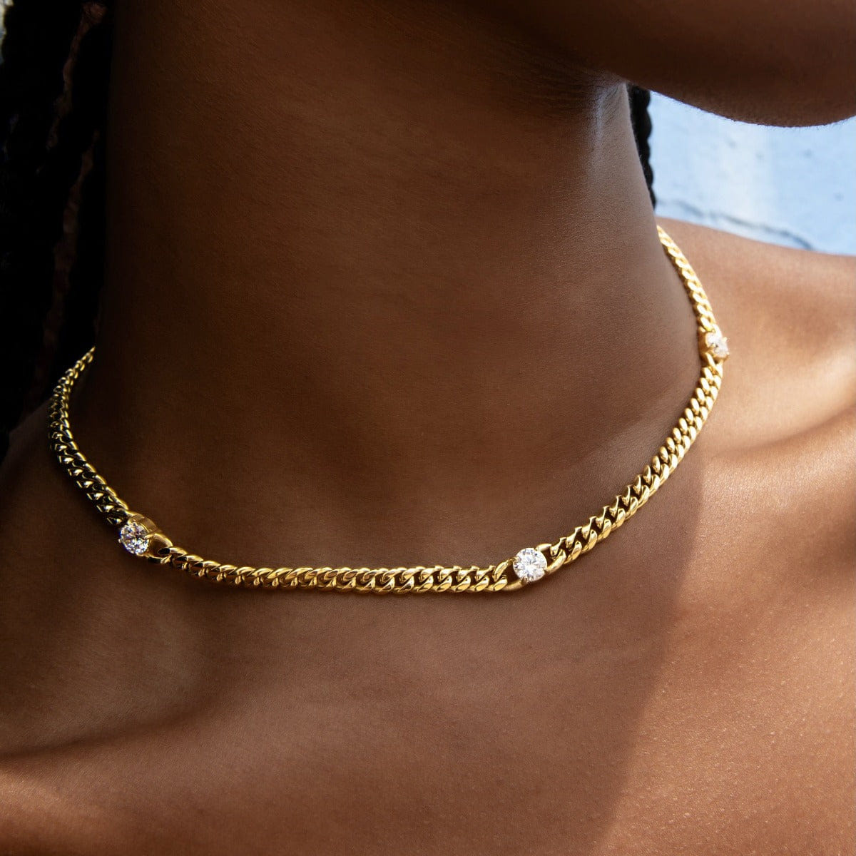 GLD Women Round Stone Station Cuban Necklace in Yellow Gold