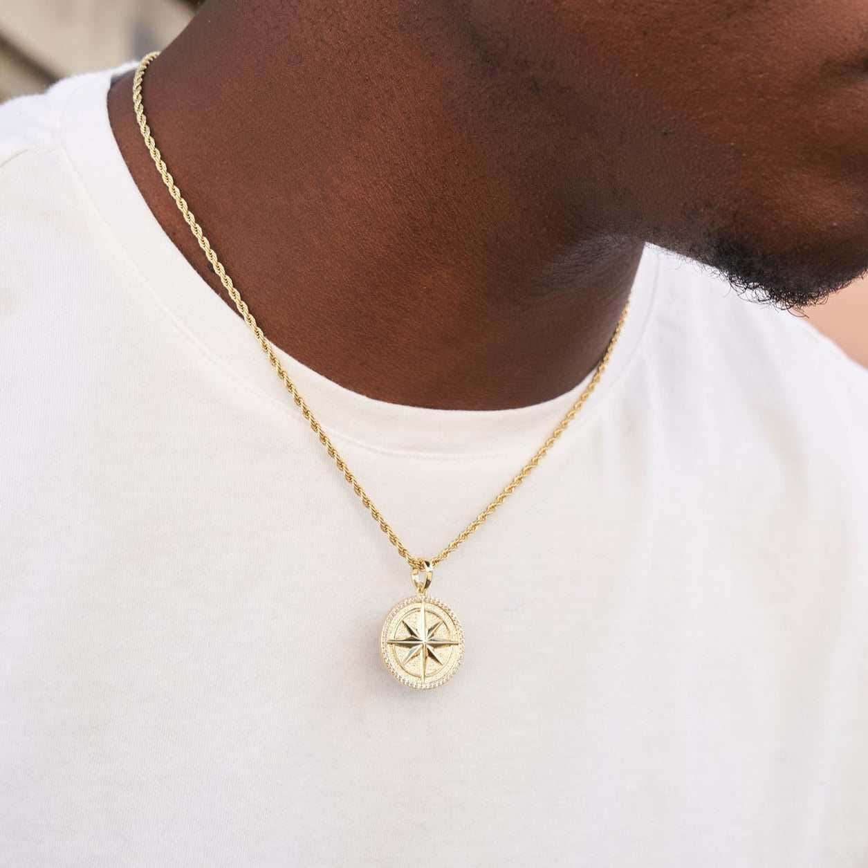 GLD Men Compass Coin Pendant in Yellow Gold