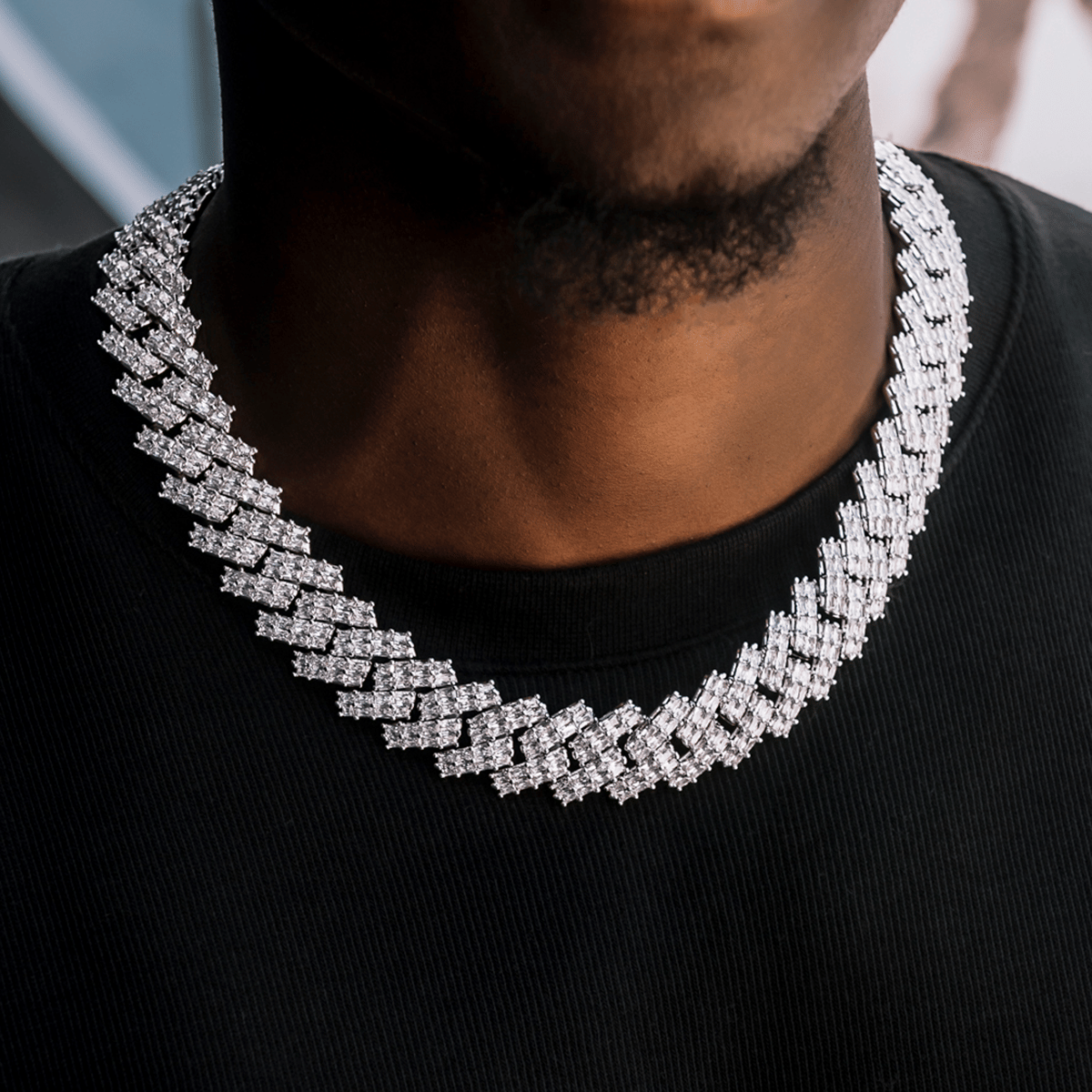 GLD Men Baguette Prong Set Cuban Chain in White Gold - 19 mm