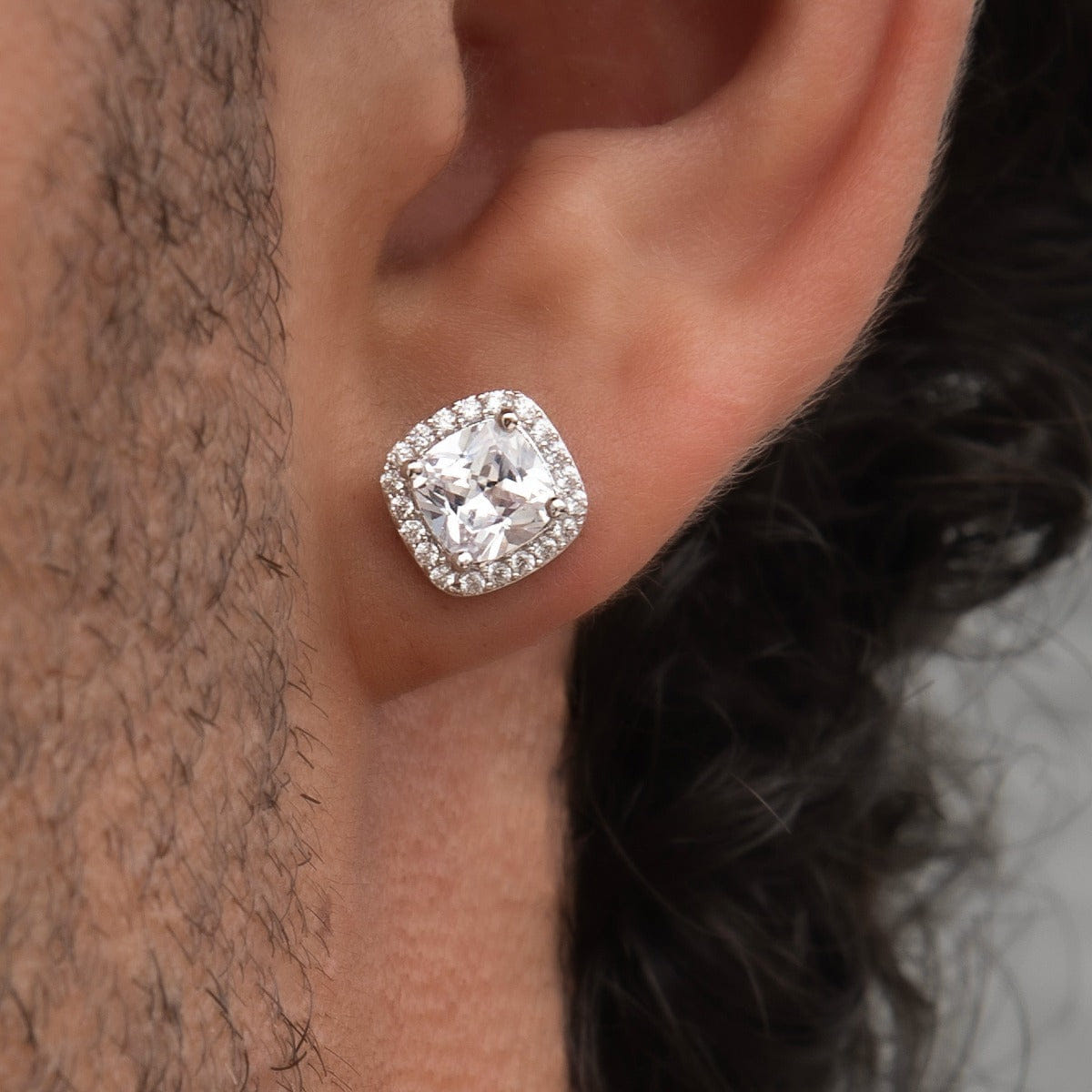 GLD Men Cushion Cut Earrings in White Gold