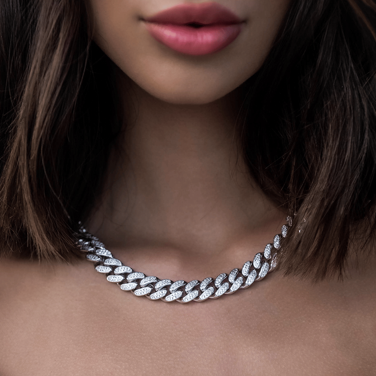 GLD Women Diamond Cuban Link Necklace in White Gold - 12 mm