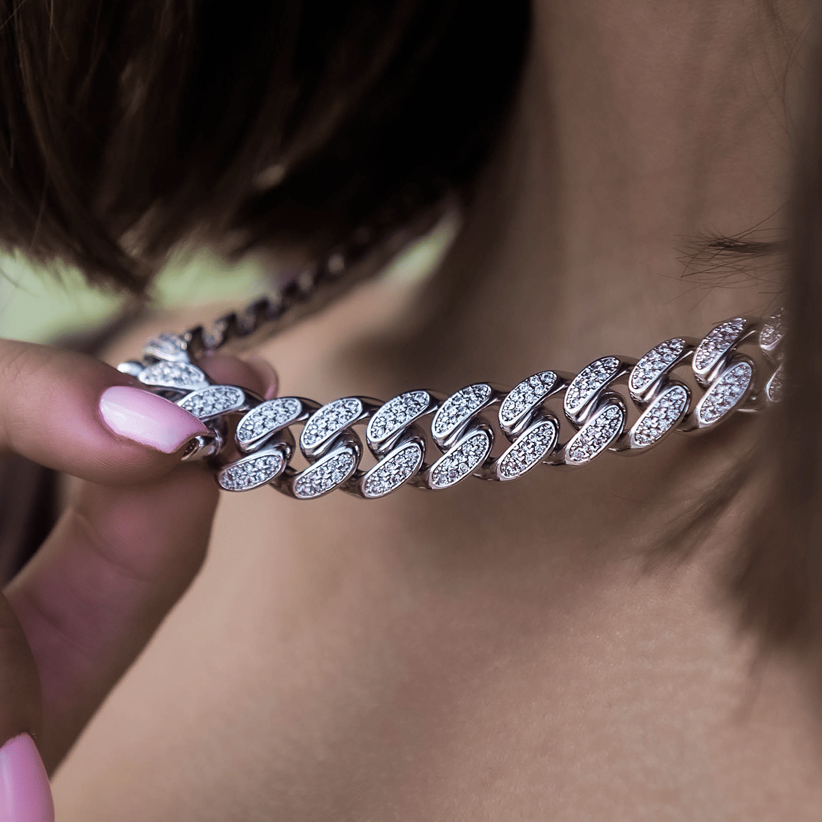 GLD Women Diamond Cuban Link Necklace in White Gold - 12 mm