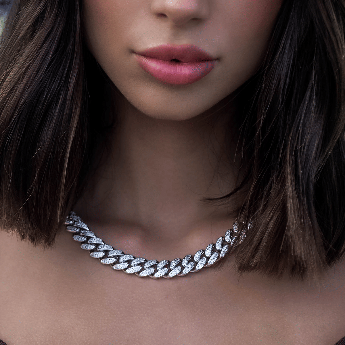 GLD Women Diamond Cuban Link Necklace in White Gold - 12 mm