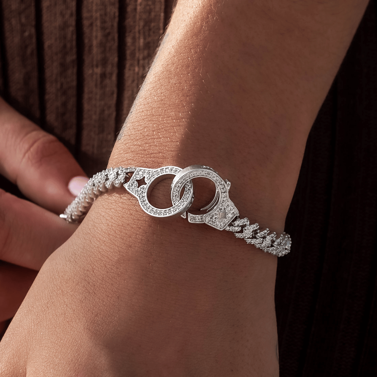 GLD Women Iced Handcuff Diamond Prong Cuban Bracelet in White Gold