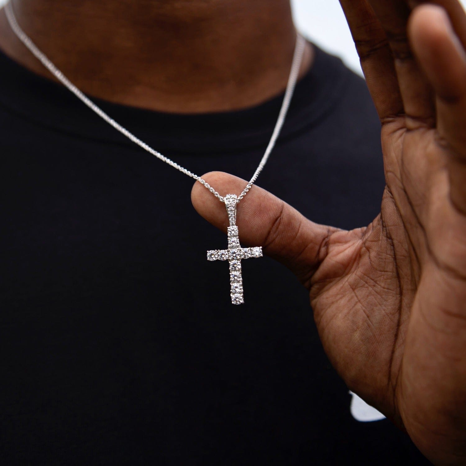 GLD Men Micro Diamond Cross Pendant in White Gold