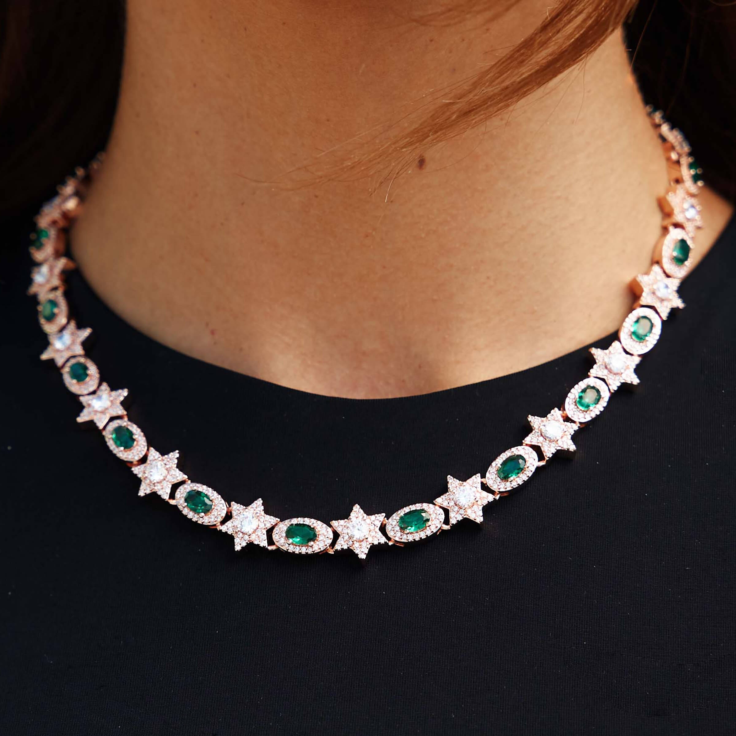 GLD Women Iced Star Oval Emerald Necklace in Rose Gold - 12 mm