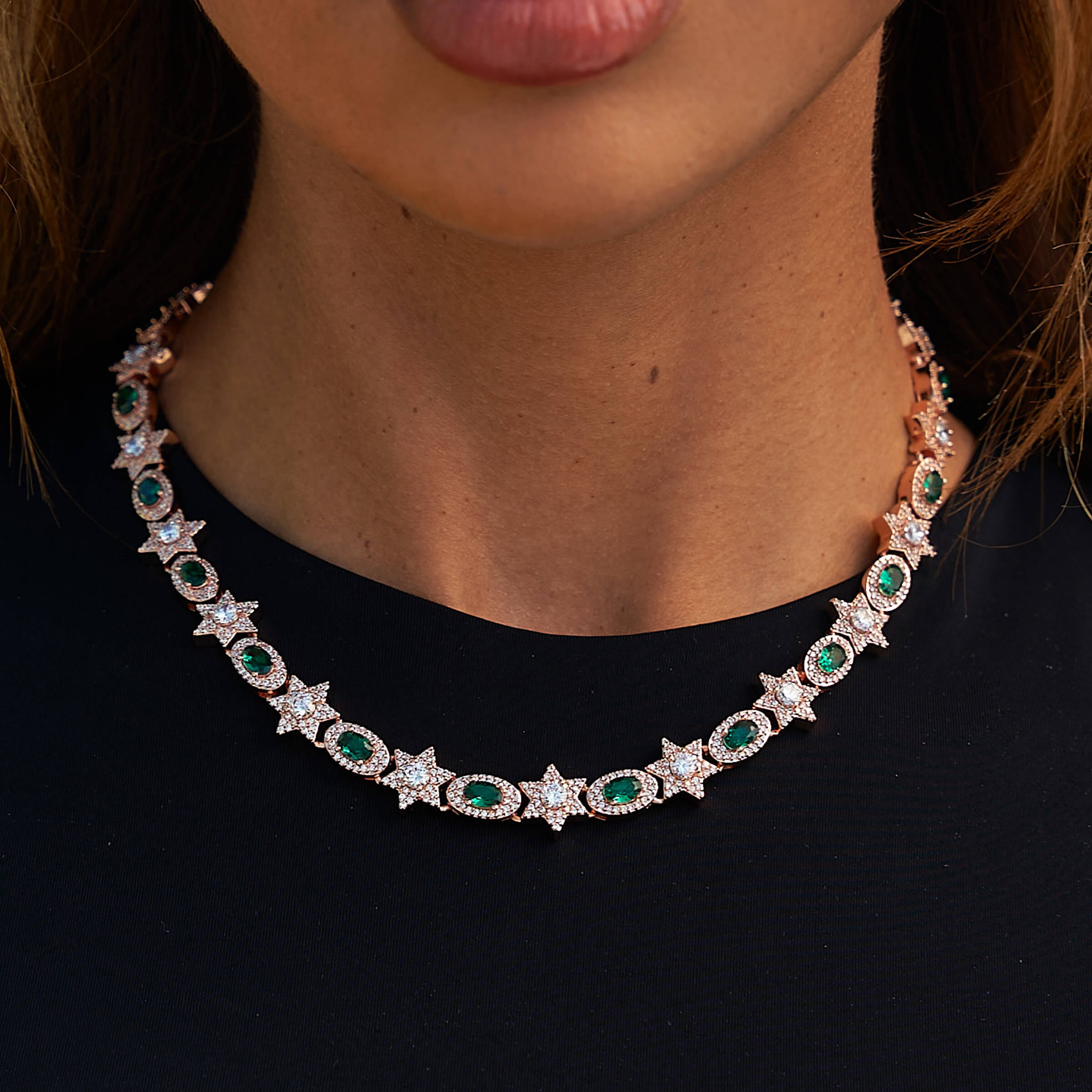 GLD Women Iced Star Oval Emerald Necklace in Rose Gold - 12 mm