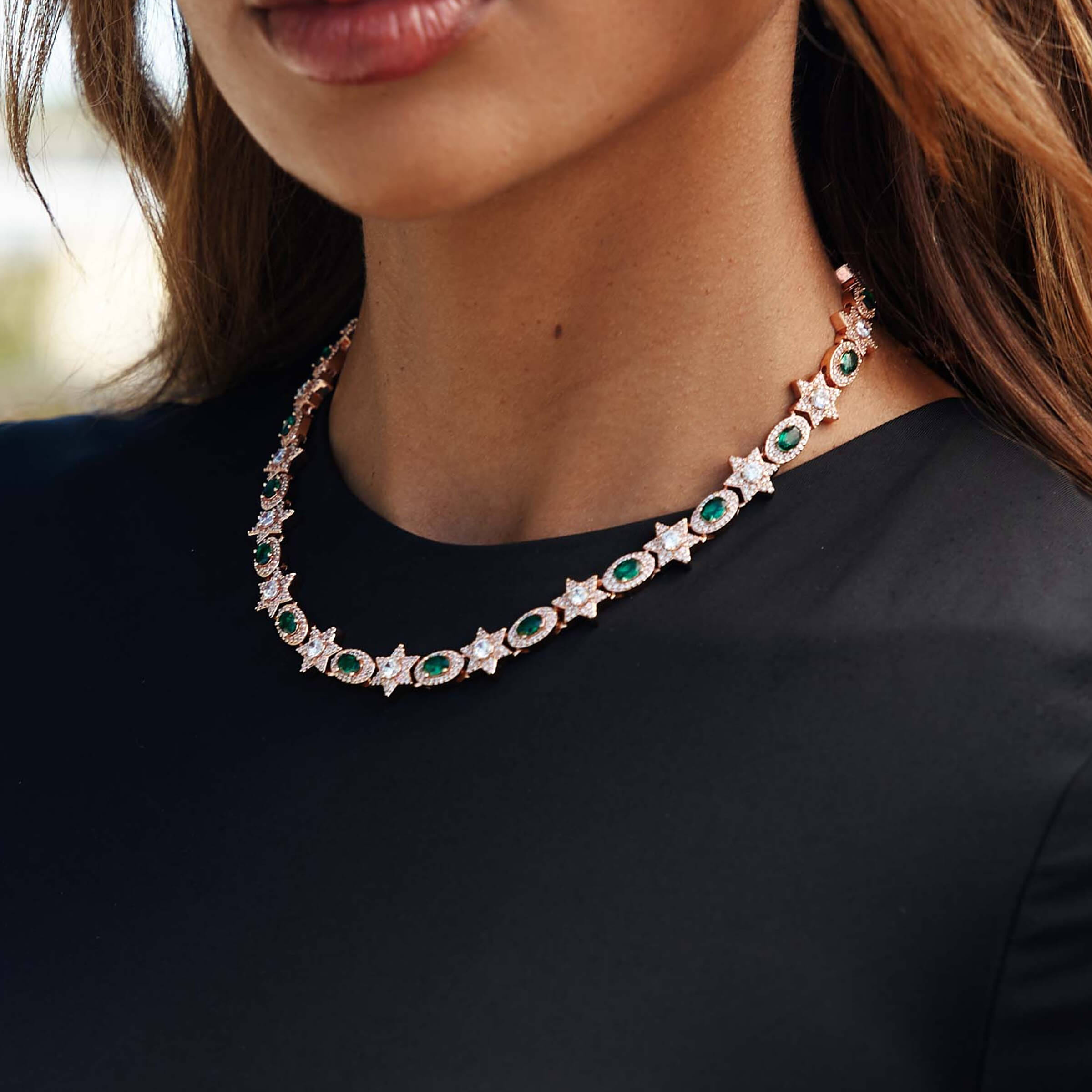 GLD Women Iced Star Oval Emerald Necklace in Rose Gold - 12 mm