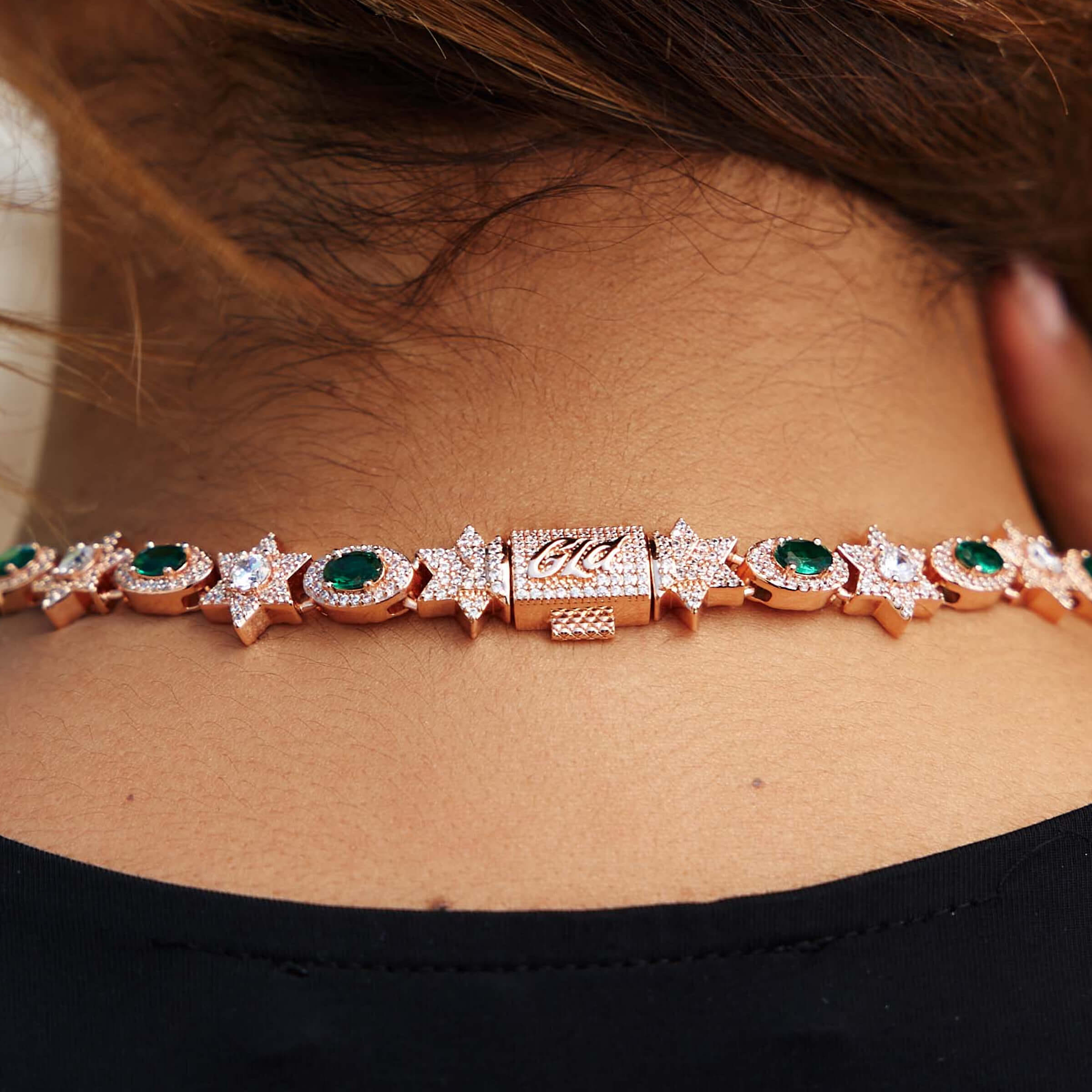 GLD Women Iced Star Oval Emerald Necklace in Rose Gold - 12 mm