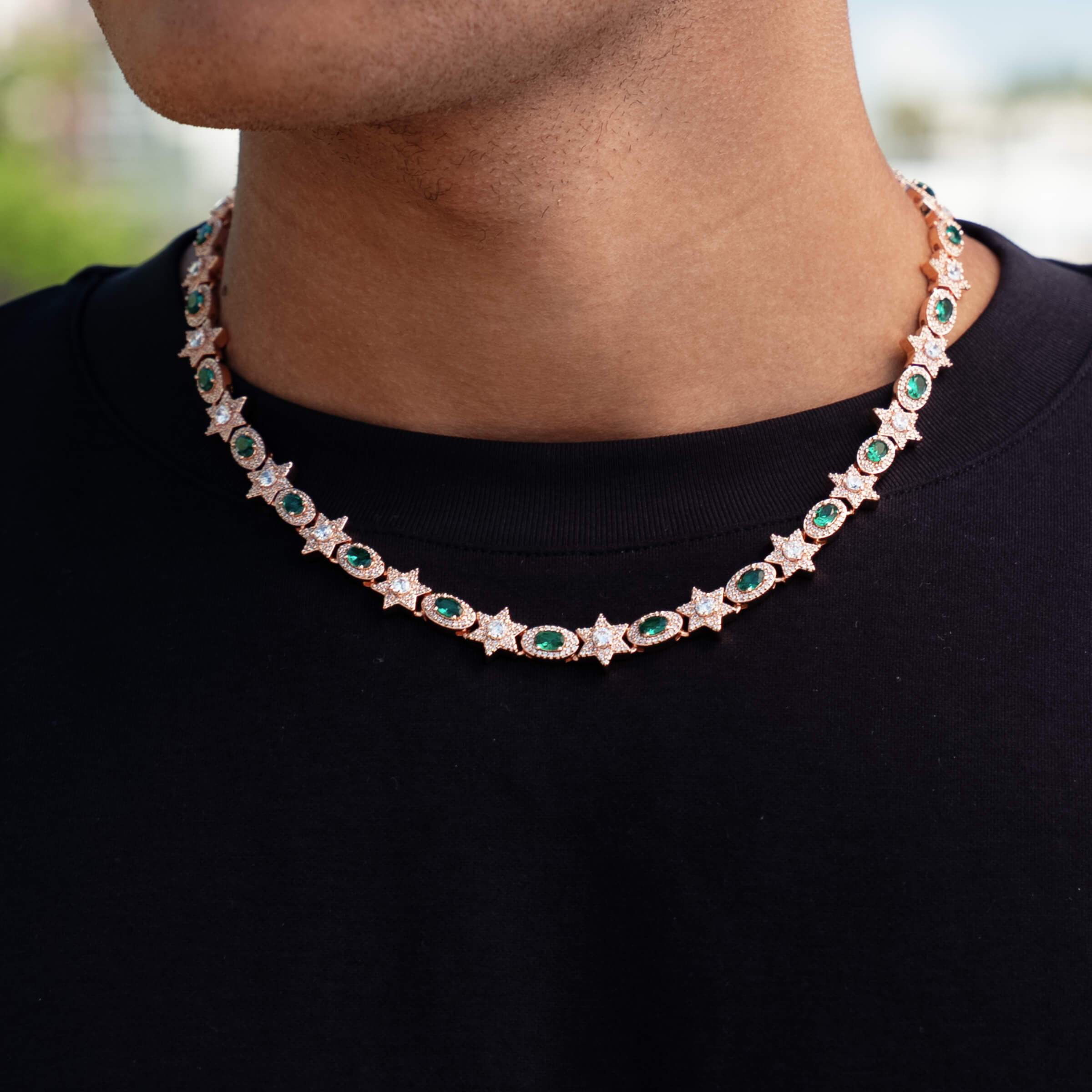 GLD Men Iced Star Oval Emerald Chain in Rose Gold - 12 mm