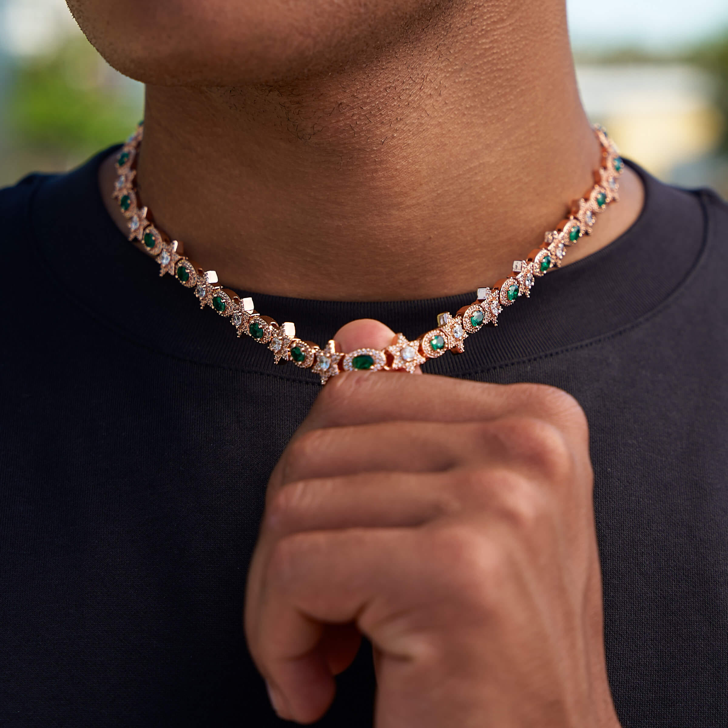 GLD Men Iced Star Oval Emerald Chain in Rose Gold - 12 mm