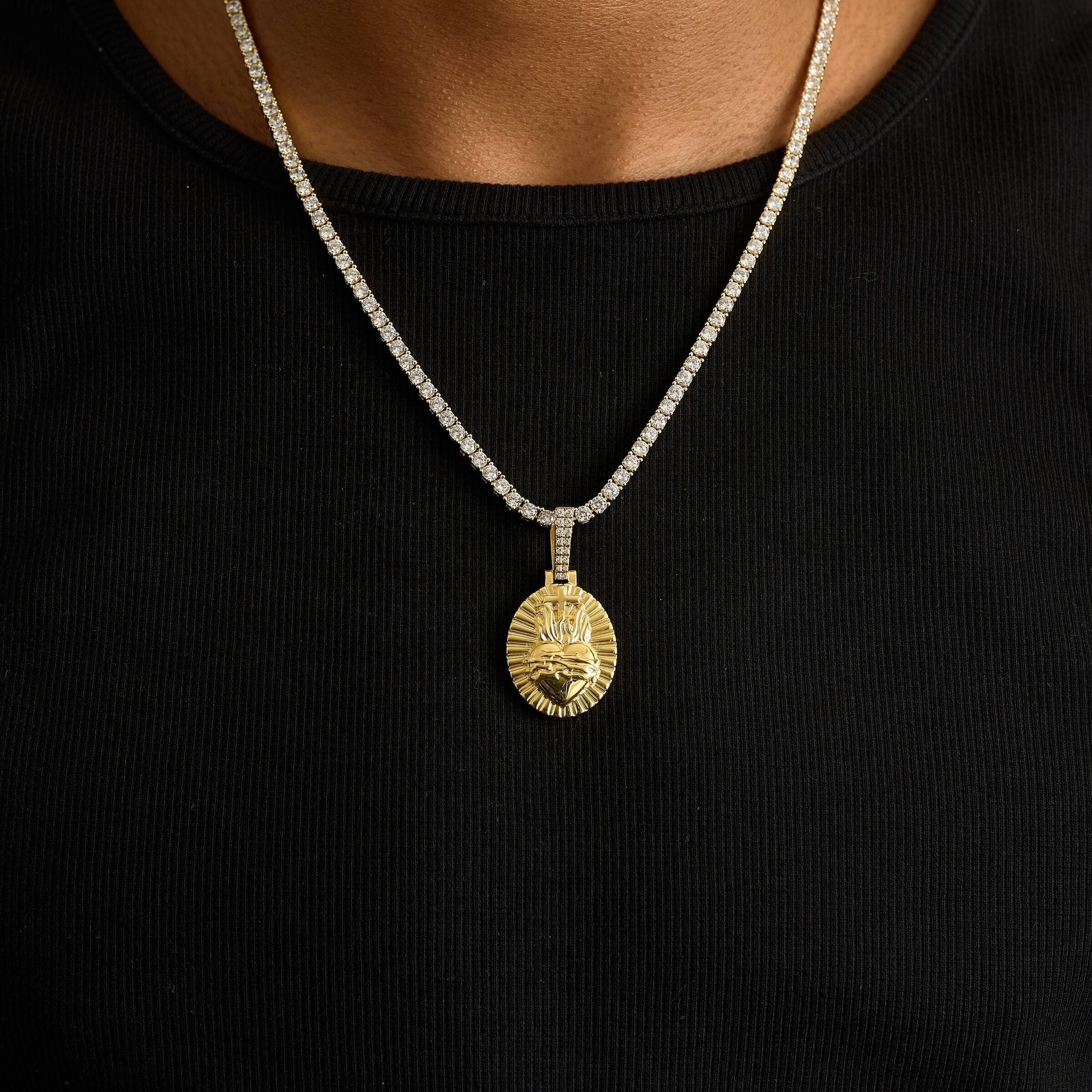 GLD Men Simple Fire Heart Cross Pendant in Yellow Gold