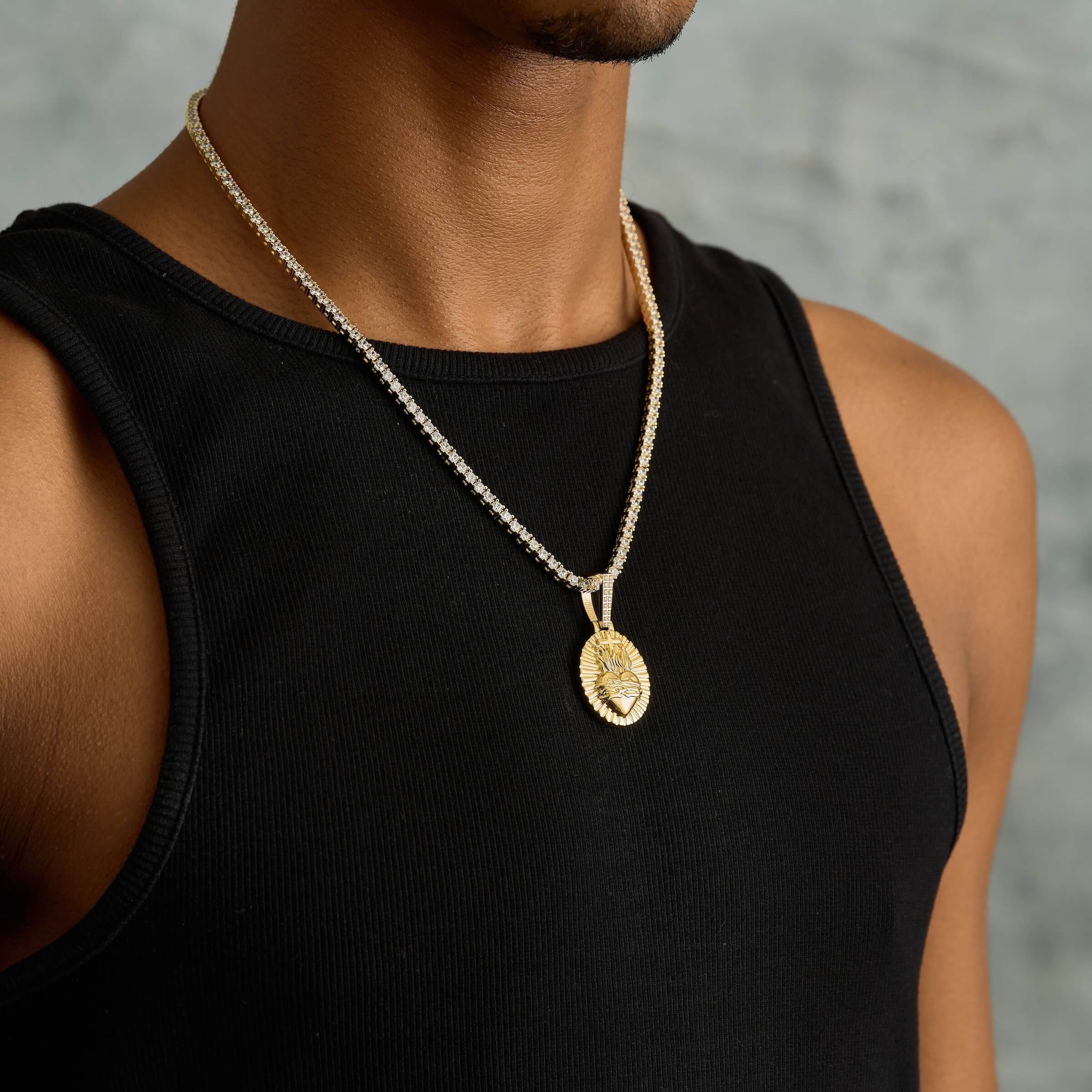 GLD Men Simple Fire Heart Cross Pendant in Yellow Gold