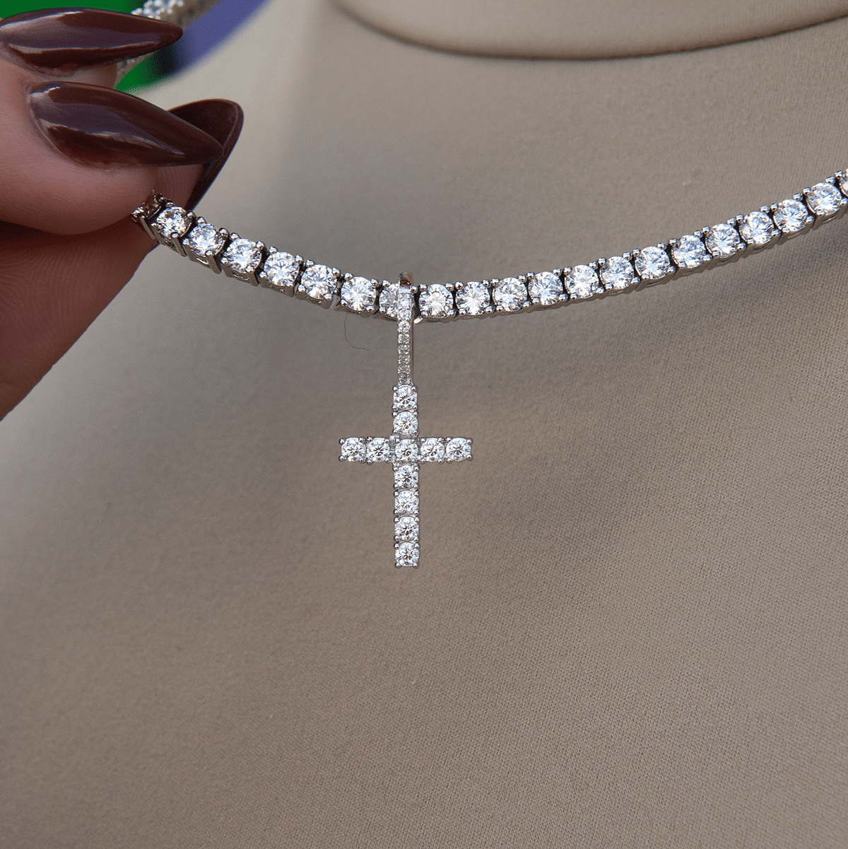 GLD Women Moissanite Diamond Cross Micro Pendant in Sterling Silver