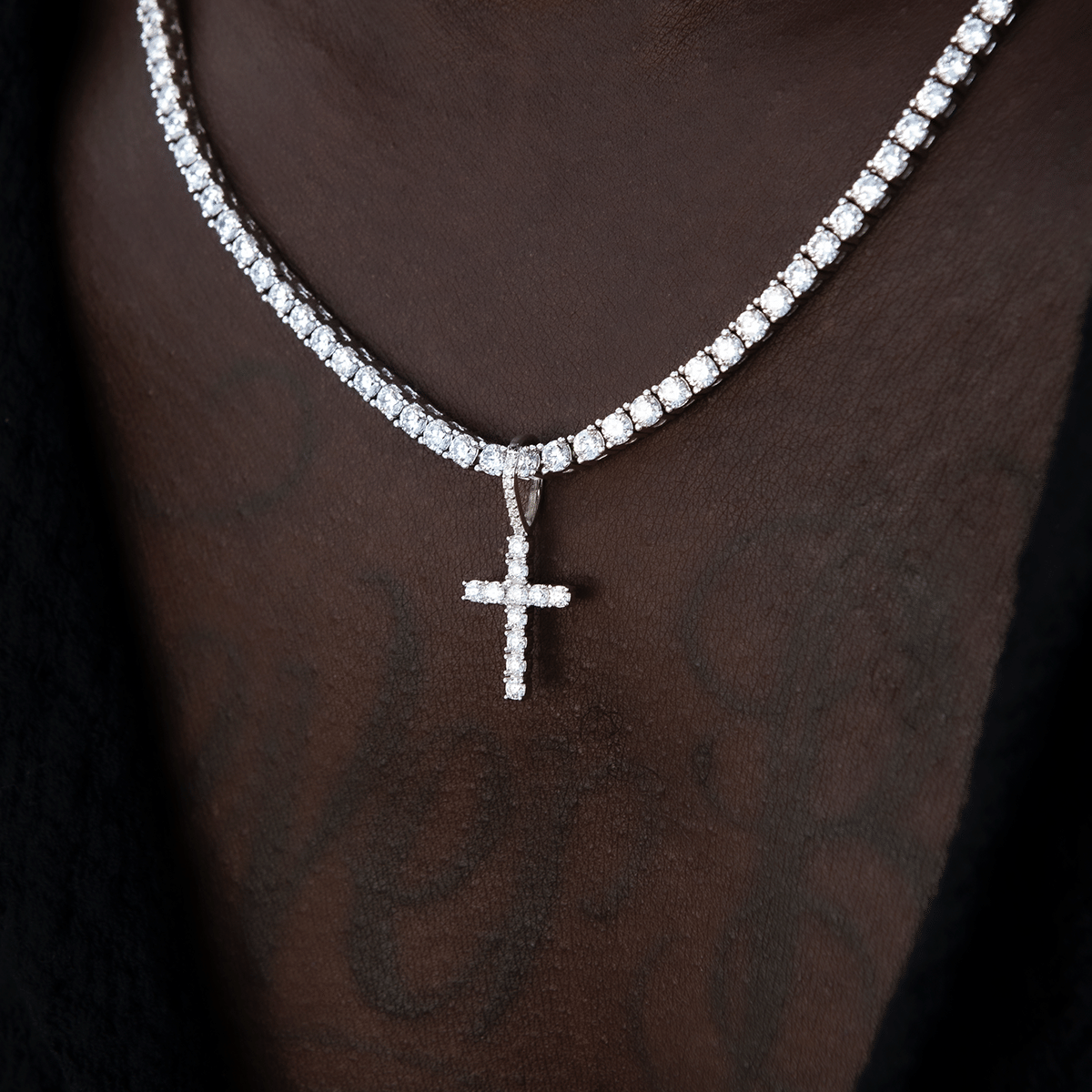 GLD Men Moissanite Diamond Cross Micro Pendant in Sterling Silver