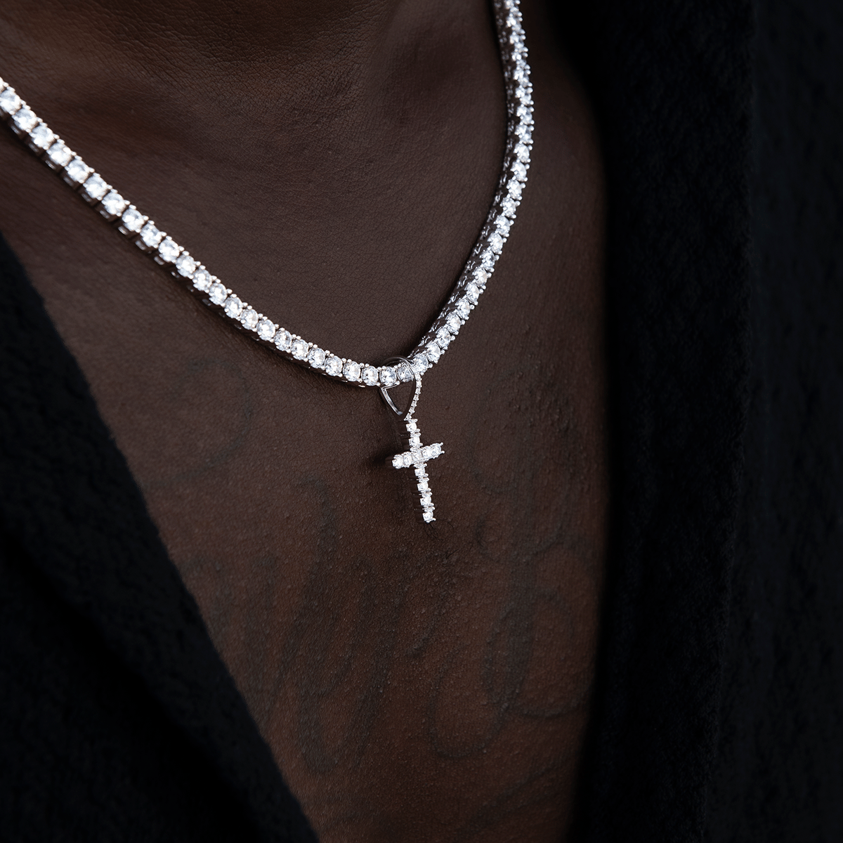 GLD Men Moissanite Diamond Cross Micro Pendant in Sterling Silver