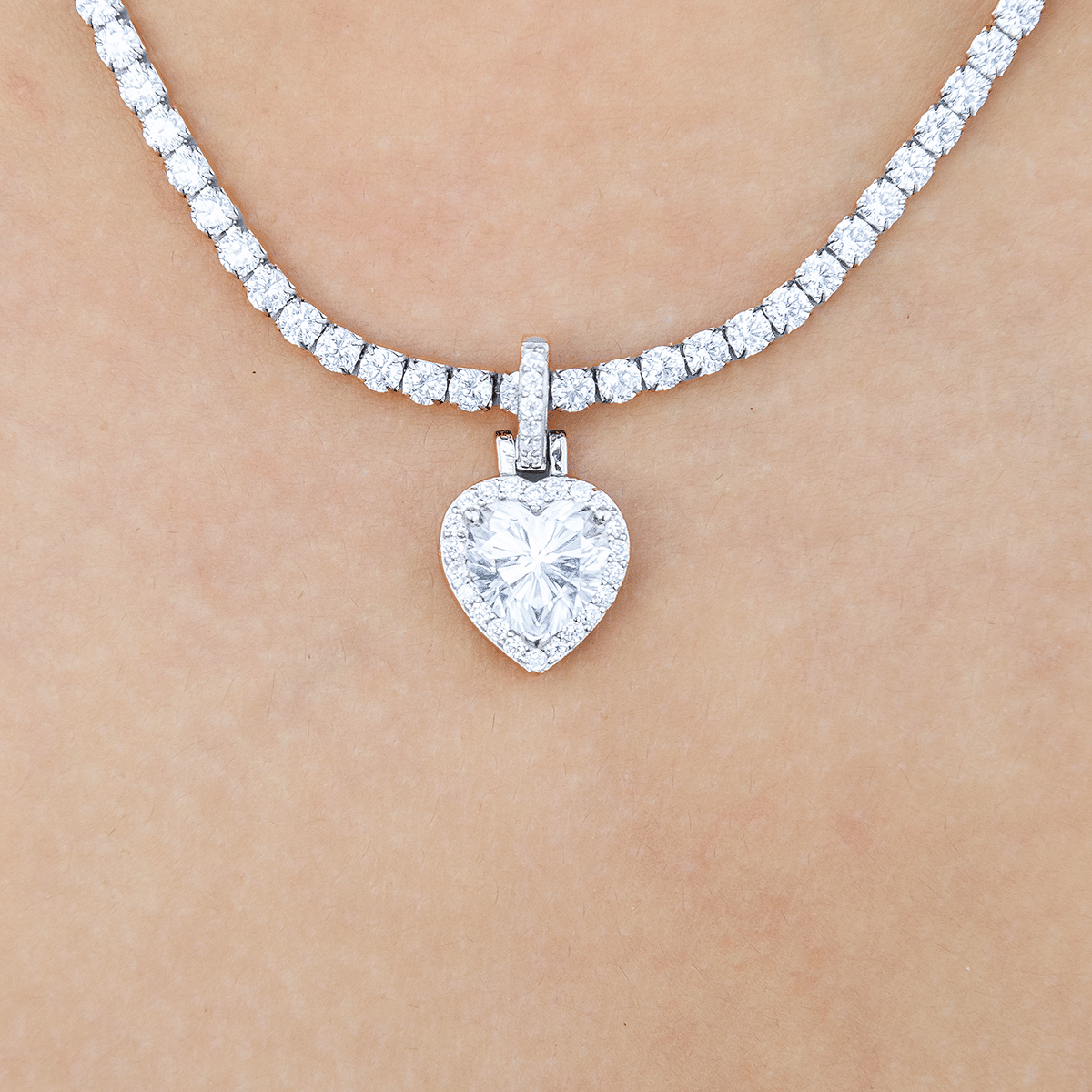 GLD Women Moissanite Micro Iced Heart Pendant in Sterling Silver