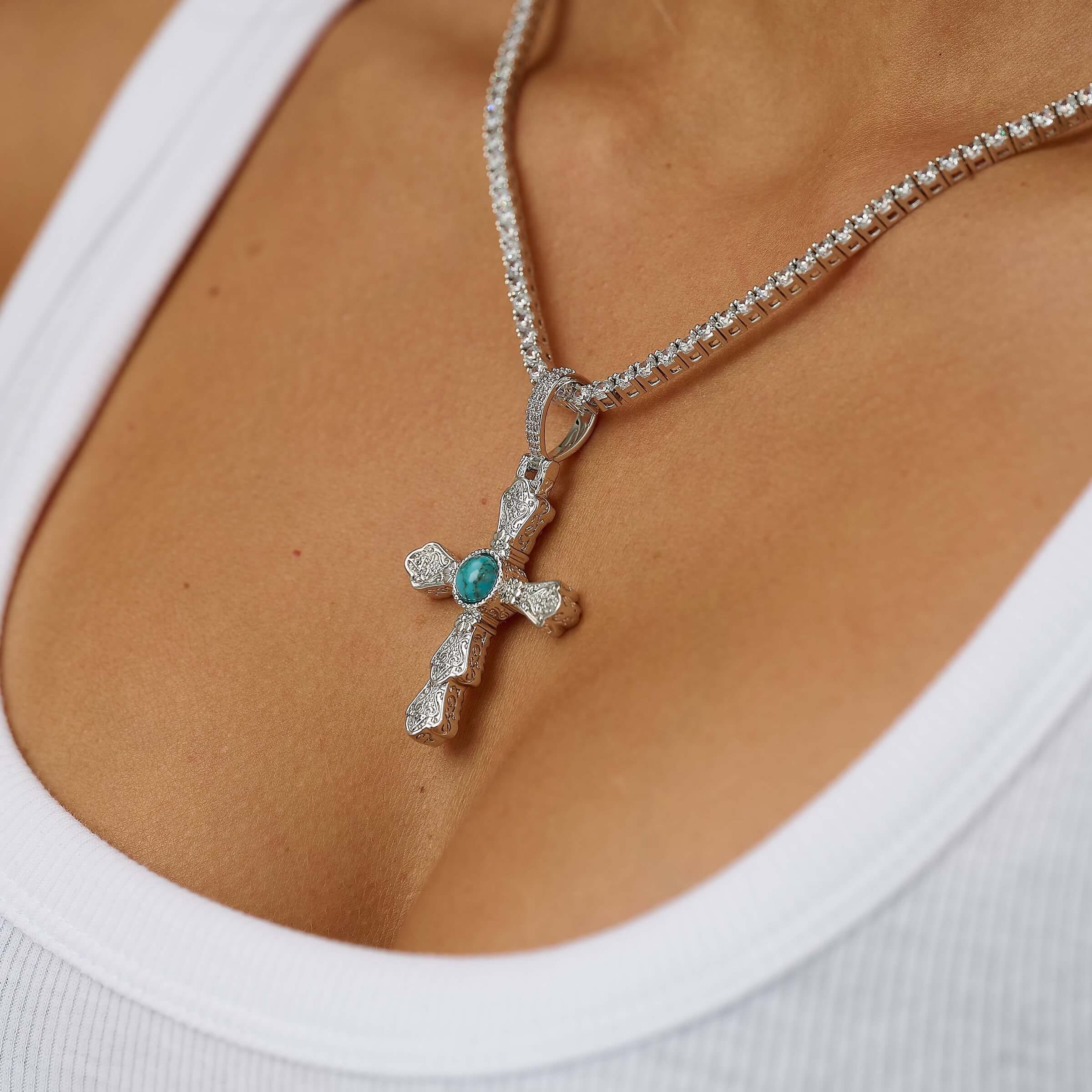 GLD Women Turquoise Western Cross Pendant in White Gold